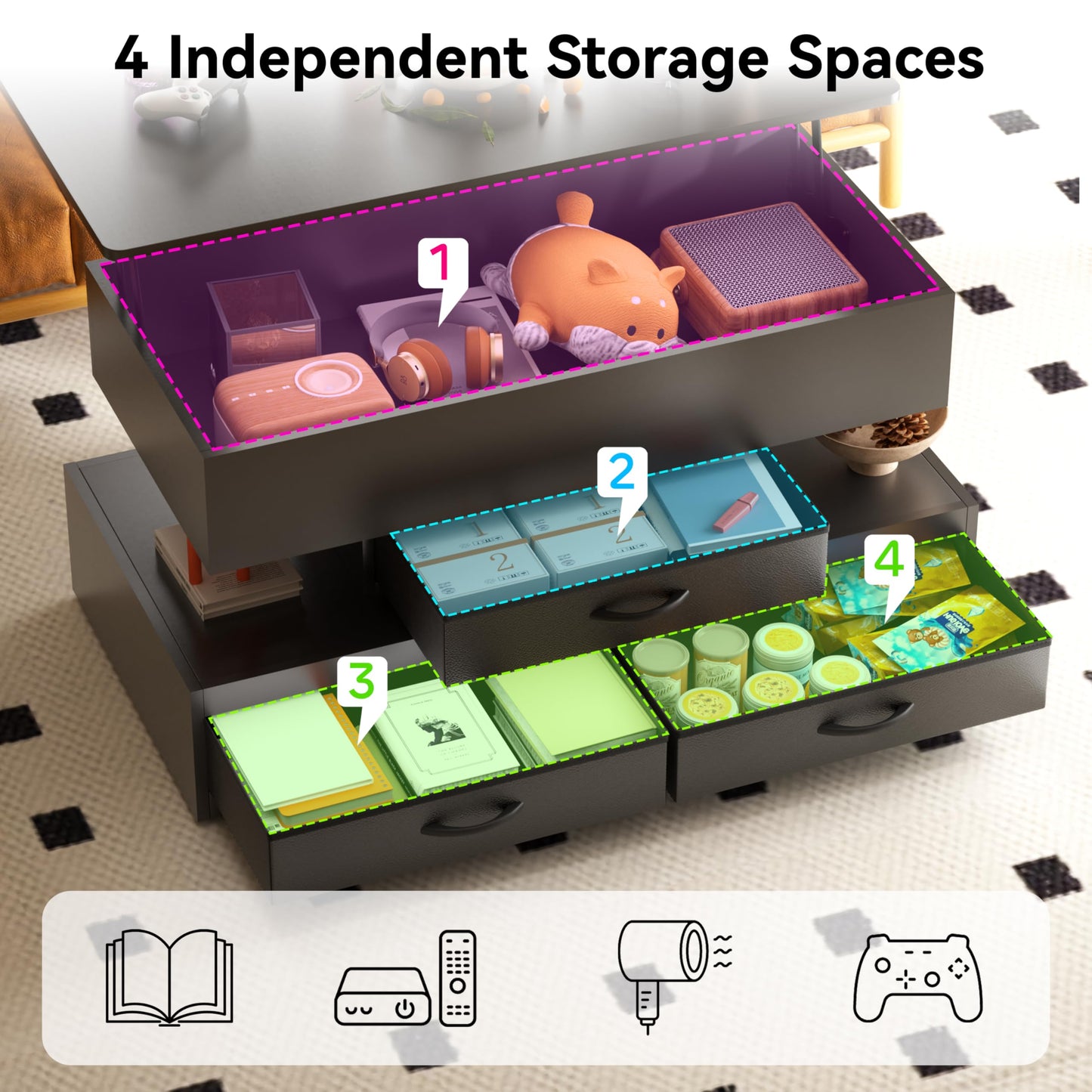 Oransail 40" Lift Top Coffee Table, Led Coffee Table with 3 Fabric Storage Drawers and Hidden Compartmen, Farmhouse Coffee Tables for Living Room