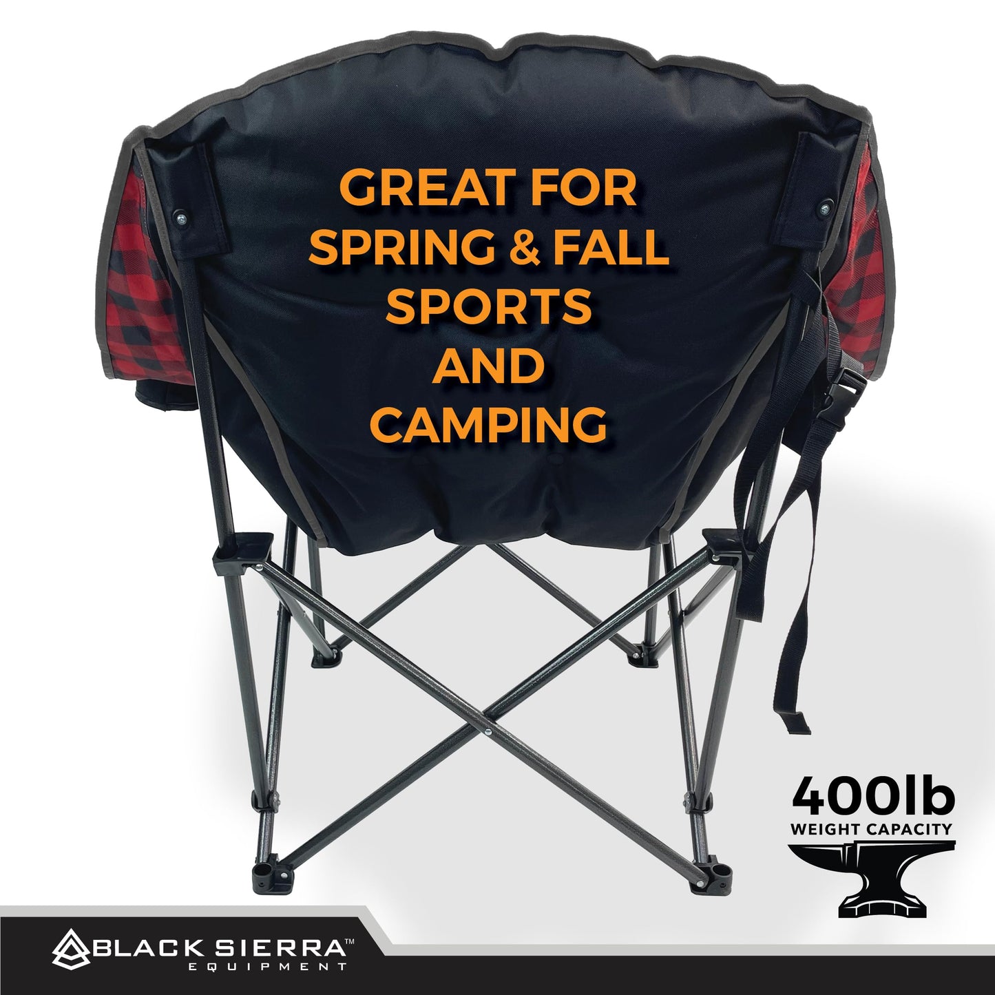 Black Sierra Heated Camping Chair for Adults, Oversized Outdoor Seat with Plush Padding, Supports 400lbs, Cup Holders and Carry Bag, Heavy Duty Folding Chair for Tailgating, Patio, or Sideline Comfort