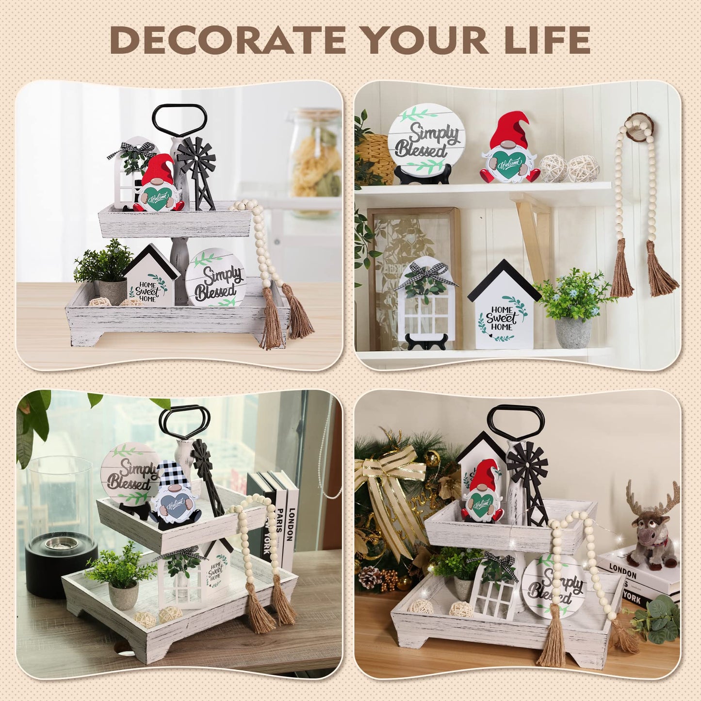 Eufrozy 11pcs Farmhouse Tiered Tray Decor Set, Rustic Tier Tray Decorations with Black and White Buffalo Plaid Gnome Ornaments Wooden Home Sweet Home Sign for Kitchen Table Decor Summer Housewarming