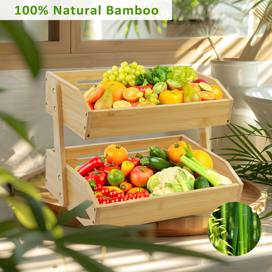 mobzio Fruit Basket Stand, 2 Tier Fruit Basket for Kitchen Counter, Produce Basket for Fruit and Vegetable Storage, Bamboo Basket Fruit Bowl Display Rack, Fruit Holder Snack Organizer