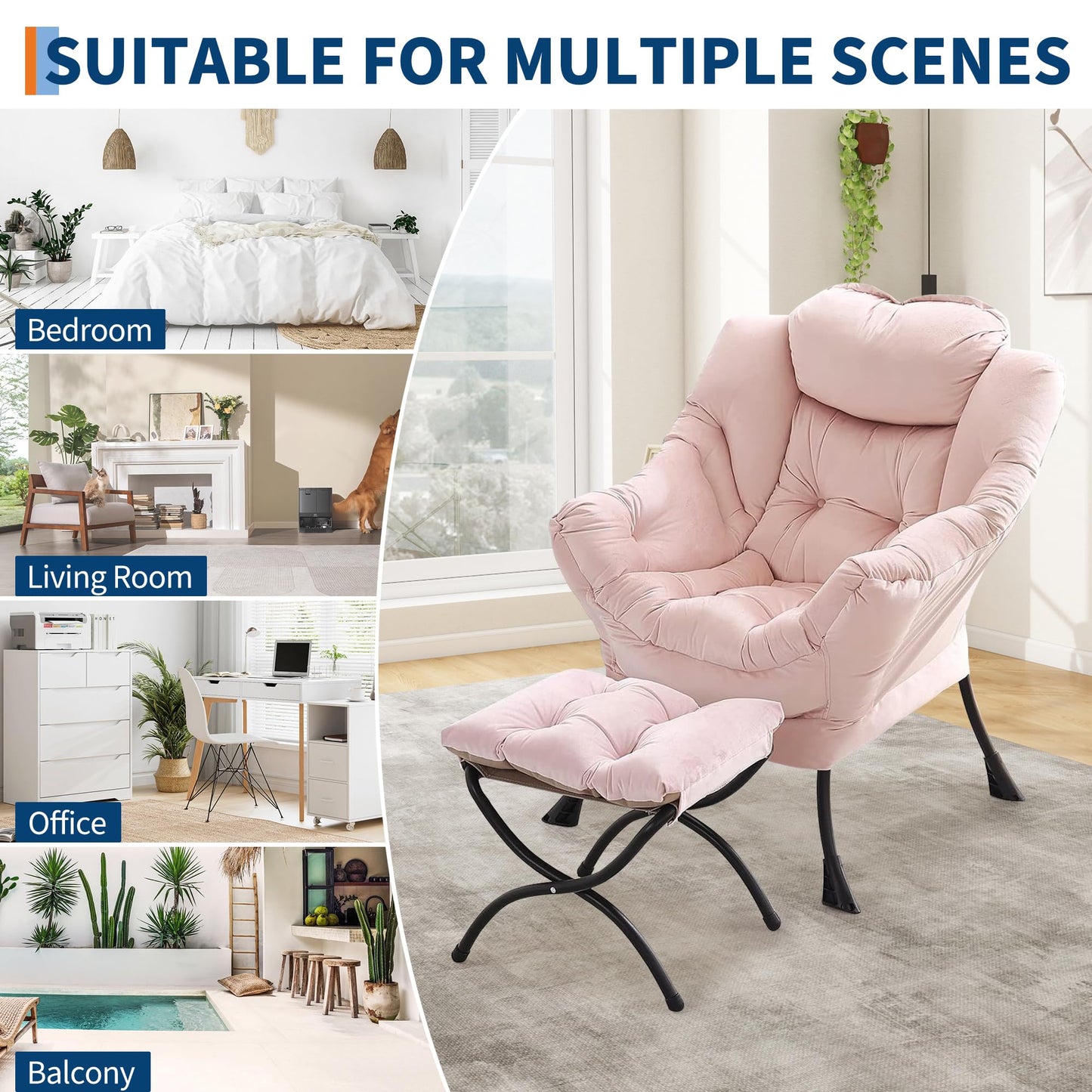 IDEALHOUSE Lazy Chair with Ottoman, Large Lounge Accent Chair, Comfy Armchair with Folding Footrest,Reading Armchair with Side Pocket for Living Room, Bedroom, Dorm & Office (1 Set, Velvet Pink)