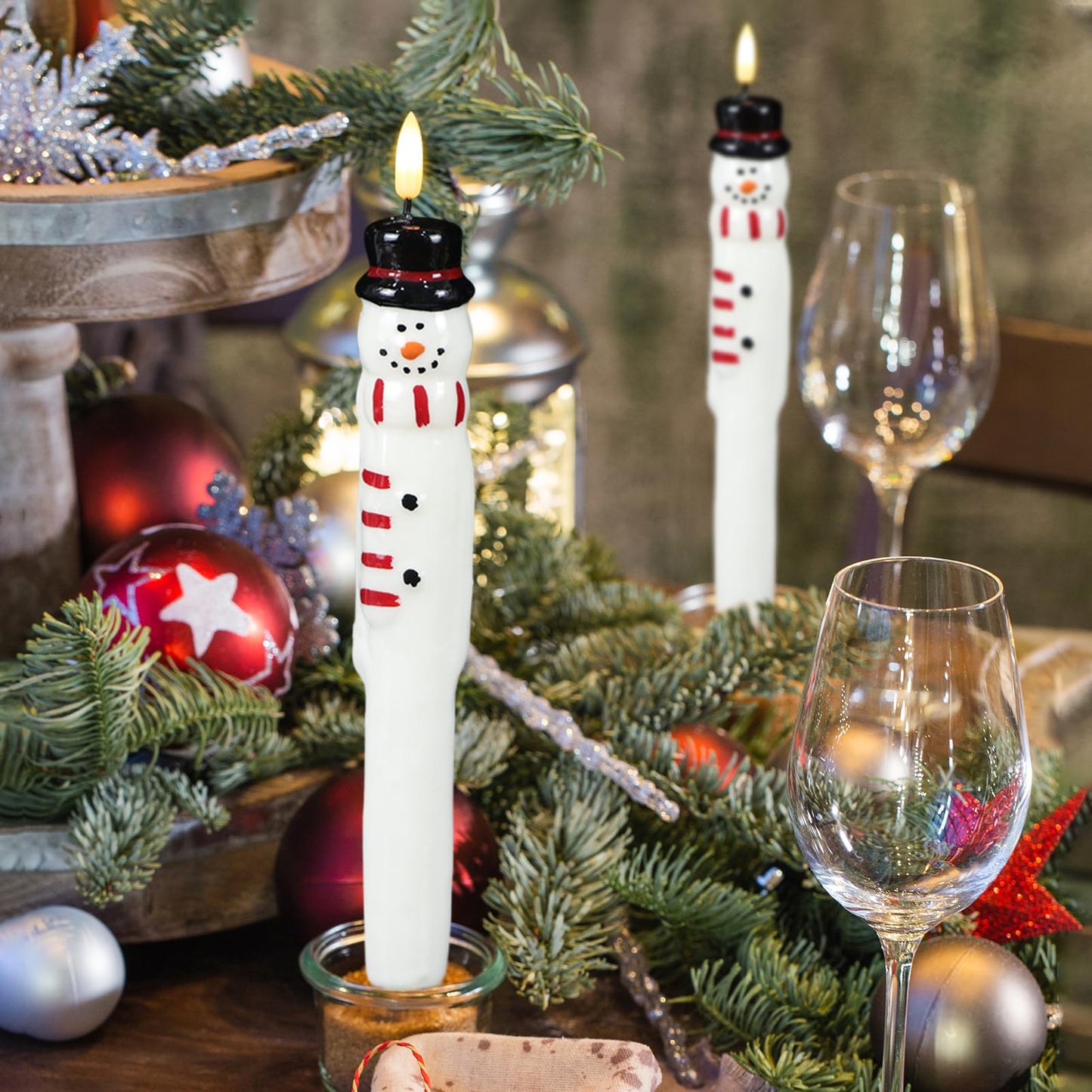 GenSwin Christmas Taper Candles with Remote Timer, 2 Pcs Snowman LED Taper Candles with 3D Flame, Battery Operated Taper Candlesticks for Christmas Winter Home Decorations(0.79” x 11.4”)