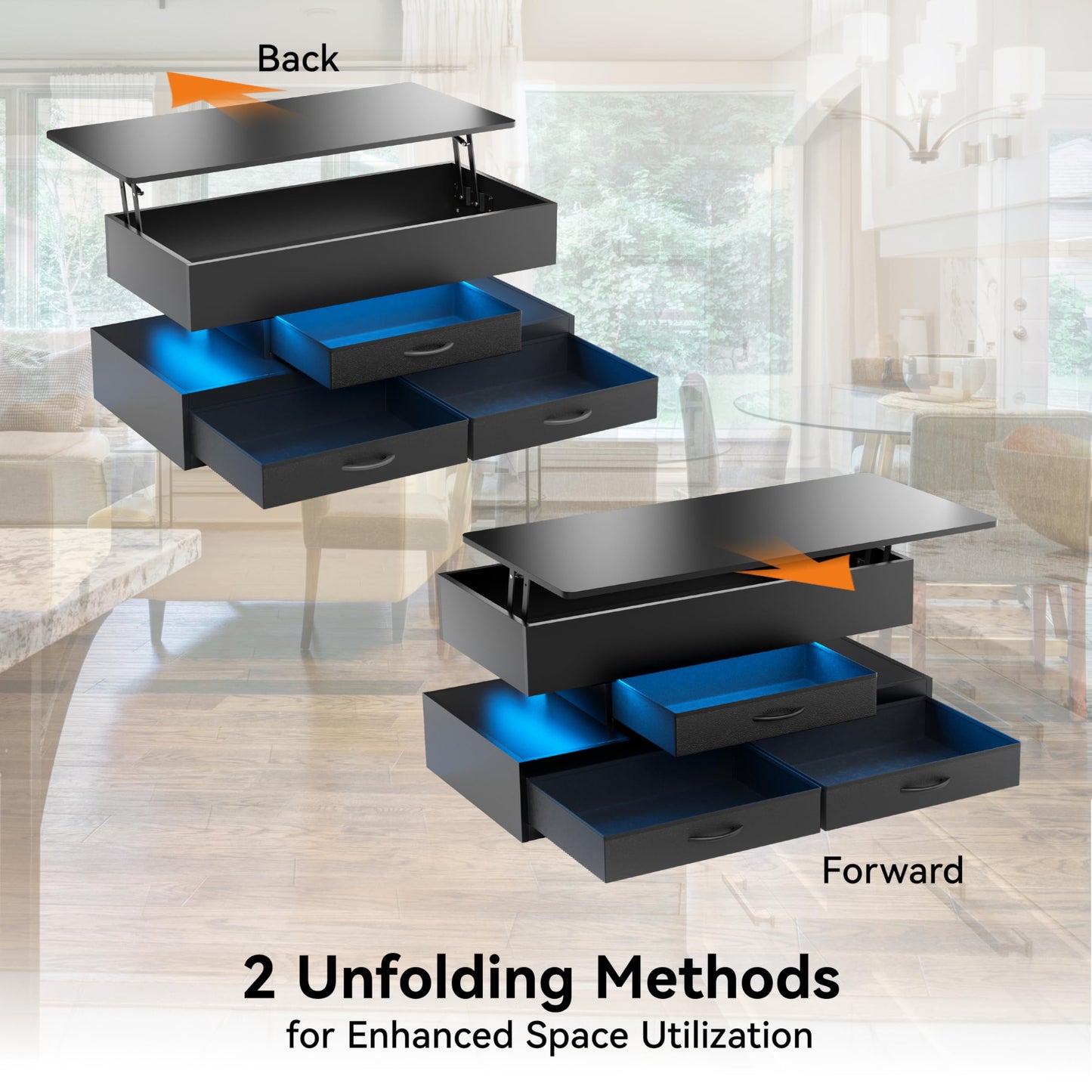 Oransail 40" Lift Top Coffee Table, Led Coffee Table with 3 Fabric Storage Drawers and Hidden Compartmen, Farmhouse Coffee Tables for Living Room