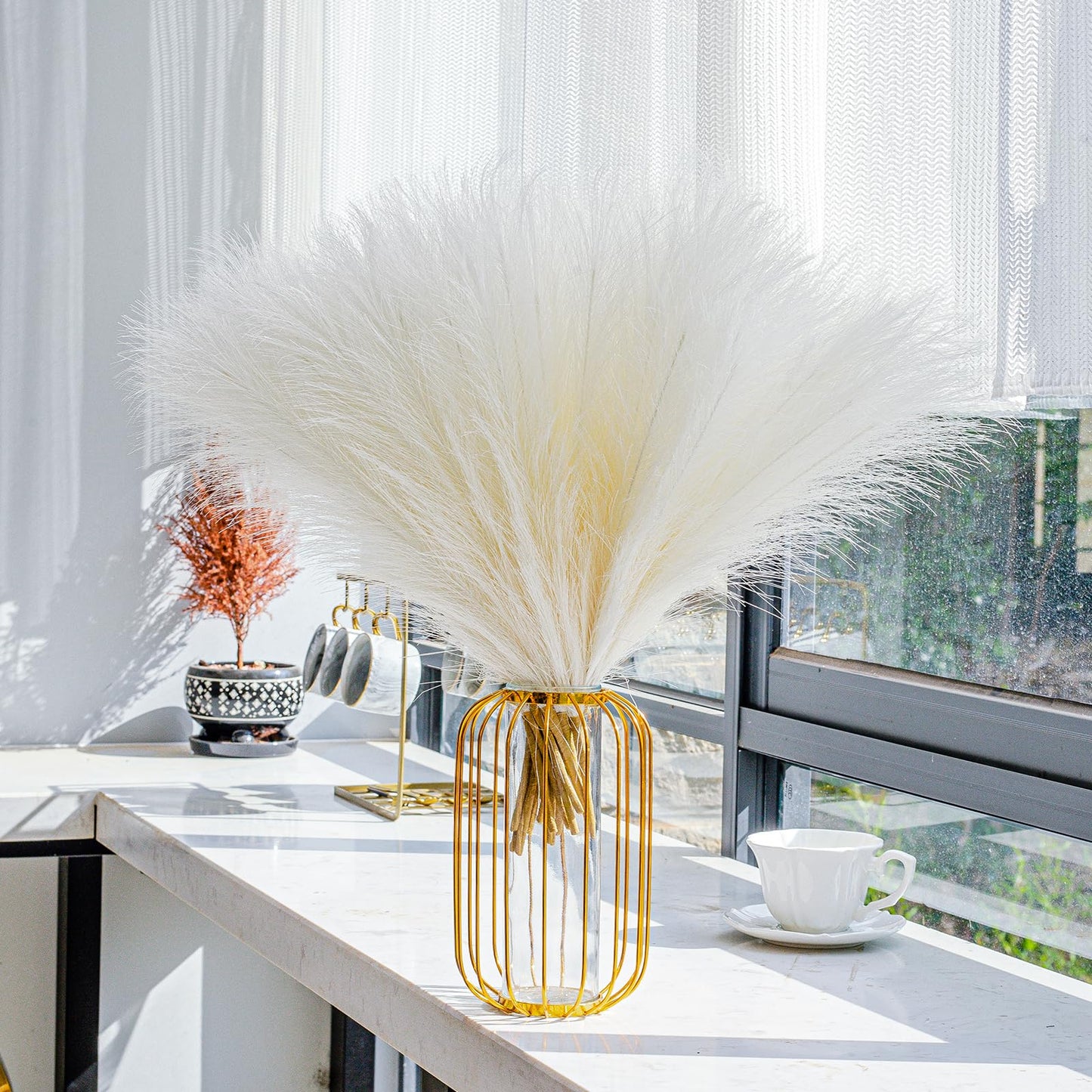 Bnecnet 10 Stems White Pampas Grass Fluffy - 17.7" Faux Pampas Grass Decor Small Fluffy Pompas Floral Arrangement and Vase Filler for Boho Home Wedding Mothers Day Decoration