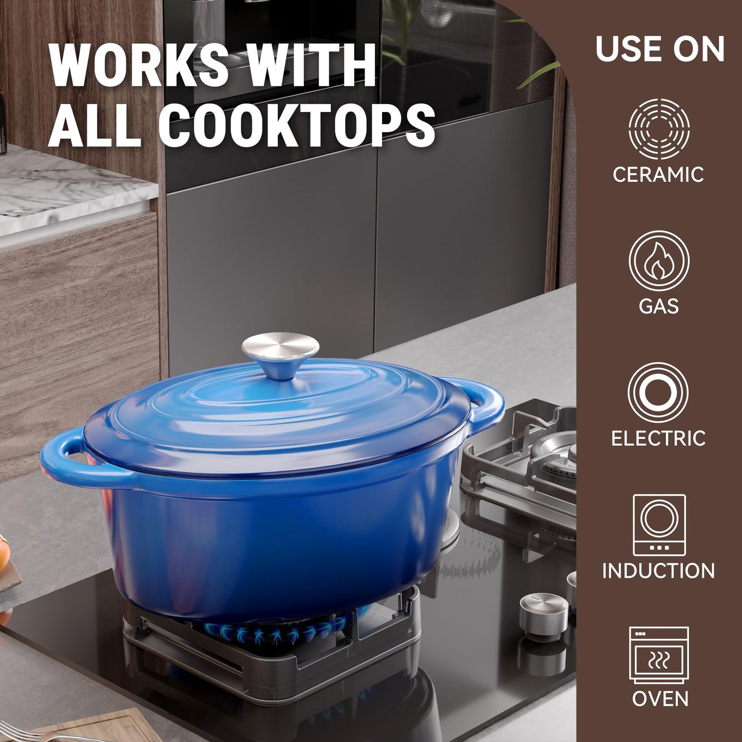 Kerilyn 4.5 Quart Enameled Oval Dutch Oven Pot with Lid and Dual Handles, Cast Iron Dutch Oven for Cooking, Bread Baking, Non-stick Enamel Coated Cookware (Blue)