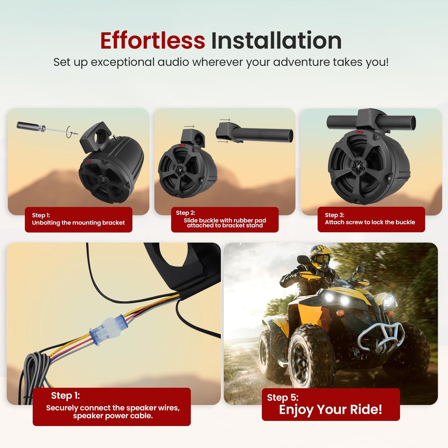 Pyle 6.5" Water-Resistant Off-Road Speakers - 2 Channel Rated Amplifier - ATV, UTV, 4x4, Jeep, Wired RCA, for Boat Stereo Speaker and Other Watercraft (1200 Watts)