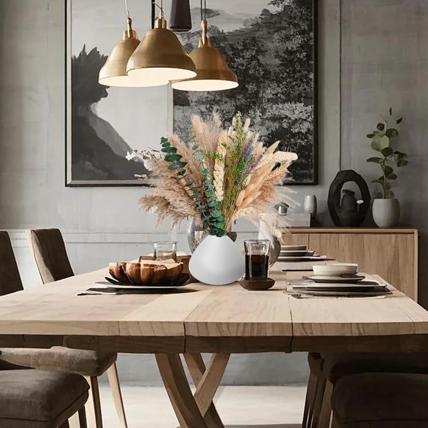 Boho Dried Flower Bouquet – Pampas Grass Bouquet with Lavender, Eucalyptus, Wheat & Bunny Tail – Rustic Dried Floral Arrangement for Olive Green Decor, Farmhouse Flowers, and Wedding Centerpieces