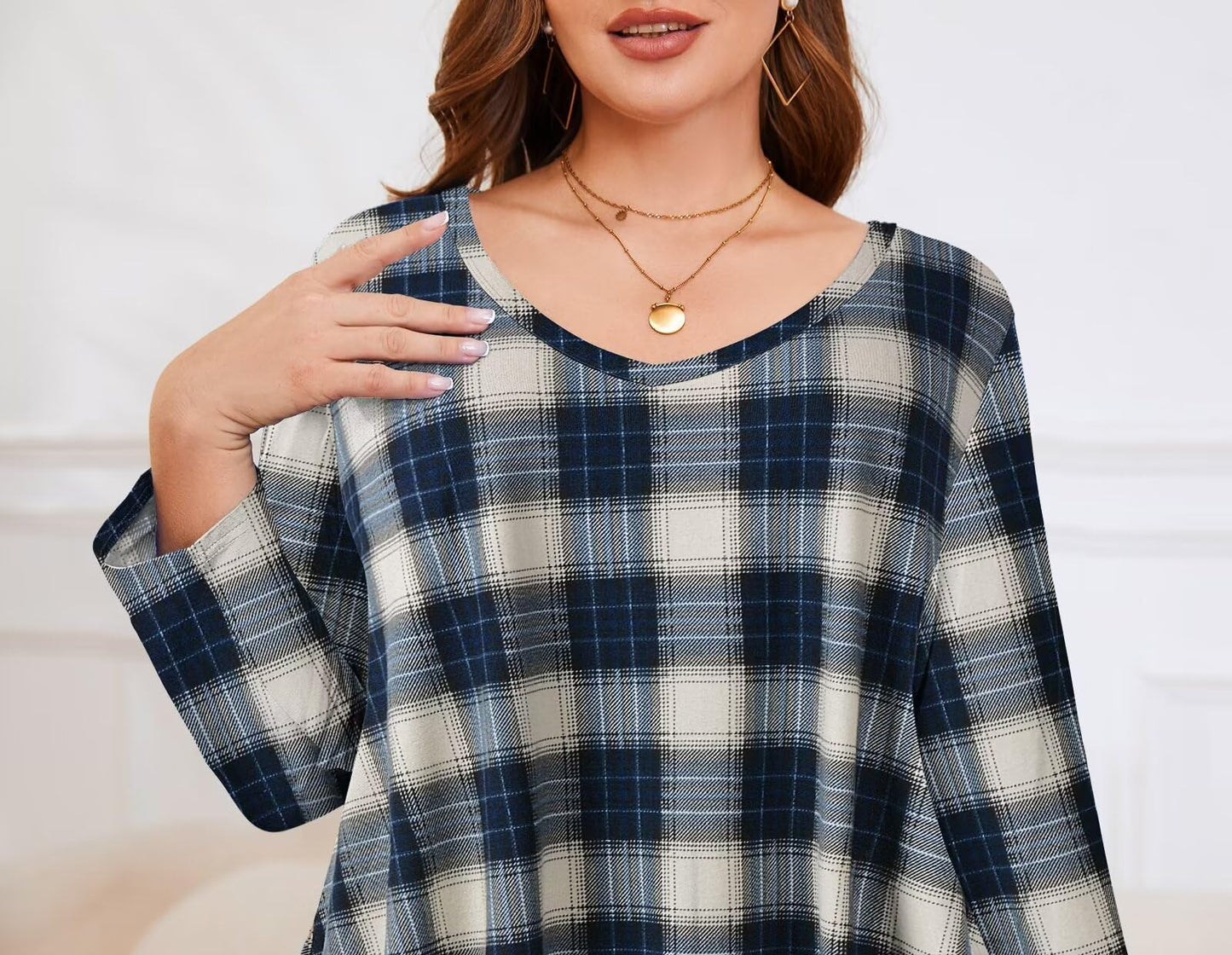 LARACE Plus Size Tops for Womens Plaid Shirts 3/4 Sleeve V Neck Tunics Loose Fit Clothing Flowy Casual Blouses(6-Khaki 2X)