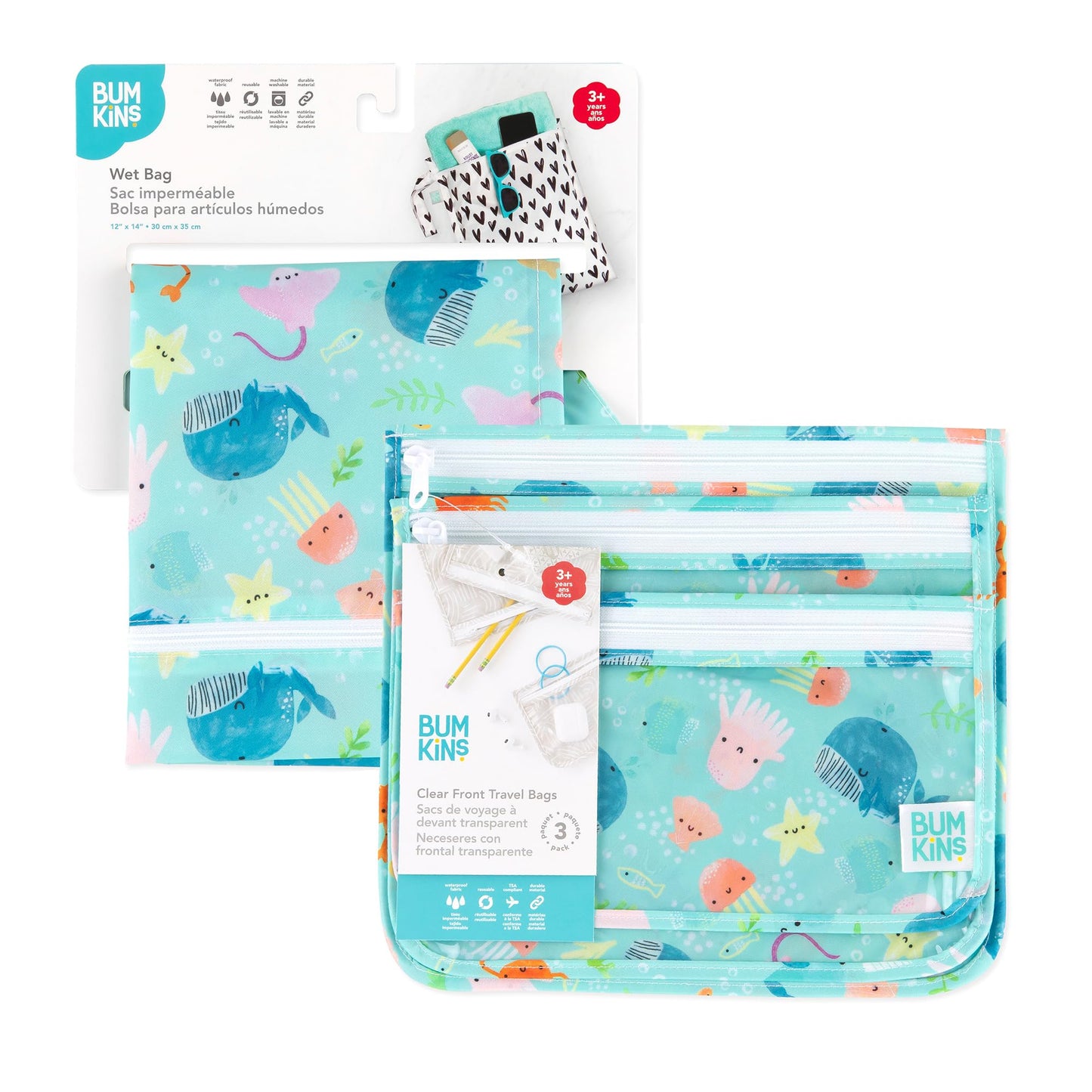 Bumkins - Waterproof Wet Bag & Clear Travel Bags - For Beach, Baby, Travel, Swim Suit, Cloth Diapers, Pump Parts, Pool, Gym, Toiletries - Reusable & Easy to Clean - Ocean Life Blue - 4 Pack