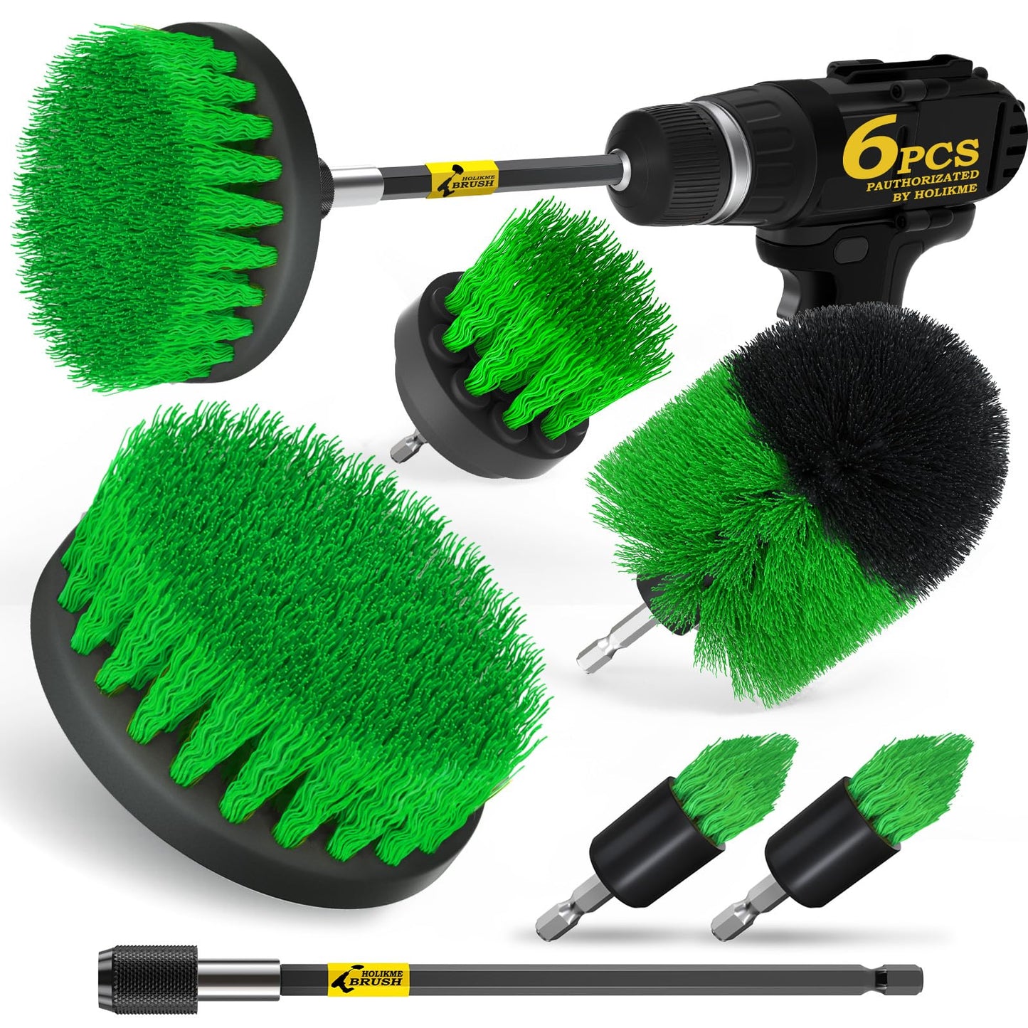 Holikme 6Pack Drill Brush Power Scrubber Cleaning Brush Extended Long Attachment Set All Purpose Drill Scrub Brushes Kit for Grout, Floor, Tub, Shower, Tile, Bathroom and Kitchen Surface，Yellow