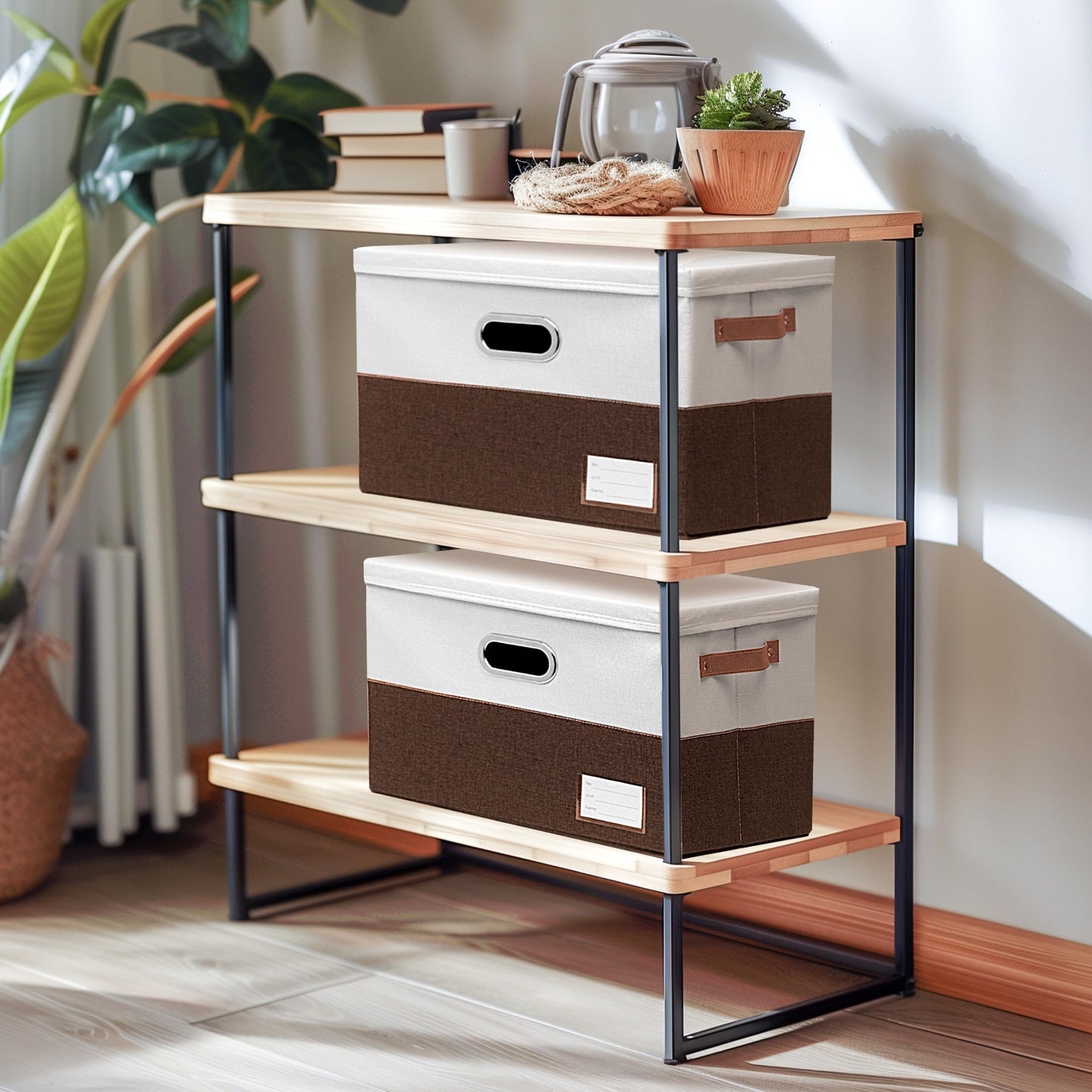 Foldable Fabric Storage Boxes with Lids, Collapsible Versatile Bins Baskets Cubes with Handles for Easy Organization in Closet, Living Room, and Bedroom (Brown & White, 3PCS/11.4*8.6*6.7in)