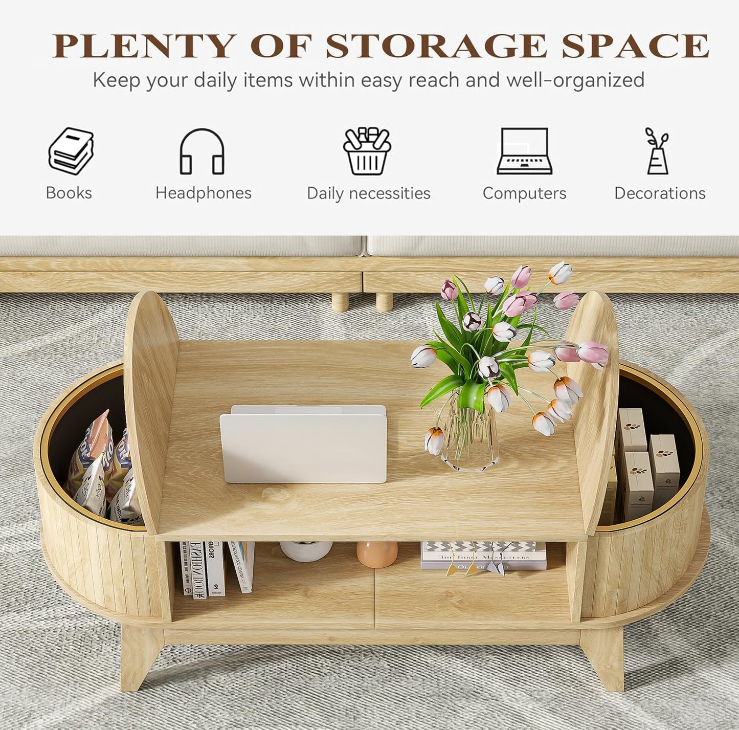 Fsbecl 46.45'' Oval Coffee Tables for Living Room, Mid Century Modern Coffee Table with Storage, Wood Fluted Accent Center Table with Flip-Top Lids for Home,Office (Wood Color)