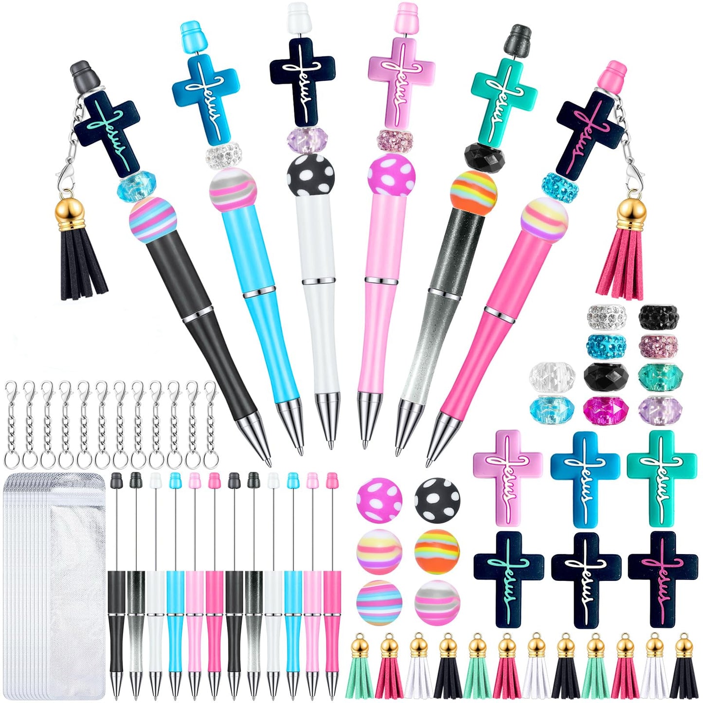 12 Pieces Beadable Pens Bulk with Colorful Silicone Beads for DIY Pen Making Kit Smooth Writing Beaded Pen for Women Kids Students Office School(Jesus)