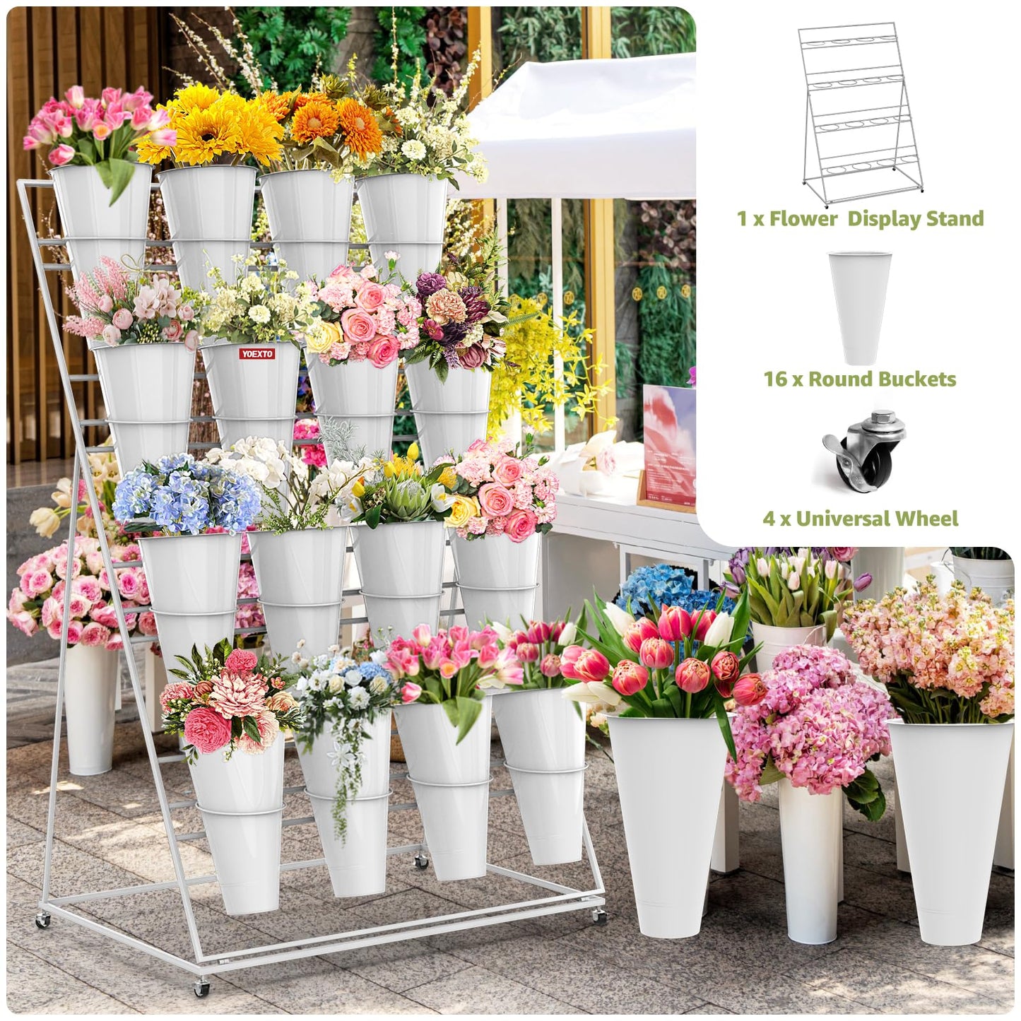 YOEXTO Flower Display Stand 4 Layers with 16 PCS Round Buckets, Plant Stand with Wheels, Movable Metal Plant Stand for Terrace Garden, Florist Shop