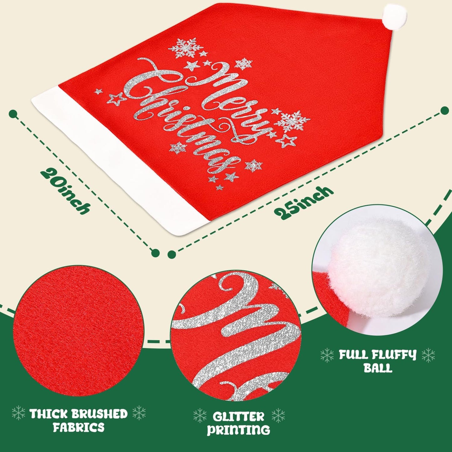 CreiYuan Christmas Chair Covers Set of 4 Santa Hat, Silver Glitter Print, High Resilience Pompon on Top, Size 25"x20", Christmas Decorations Indoor for Dining Room, Christmas Party Decorations