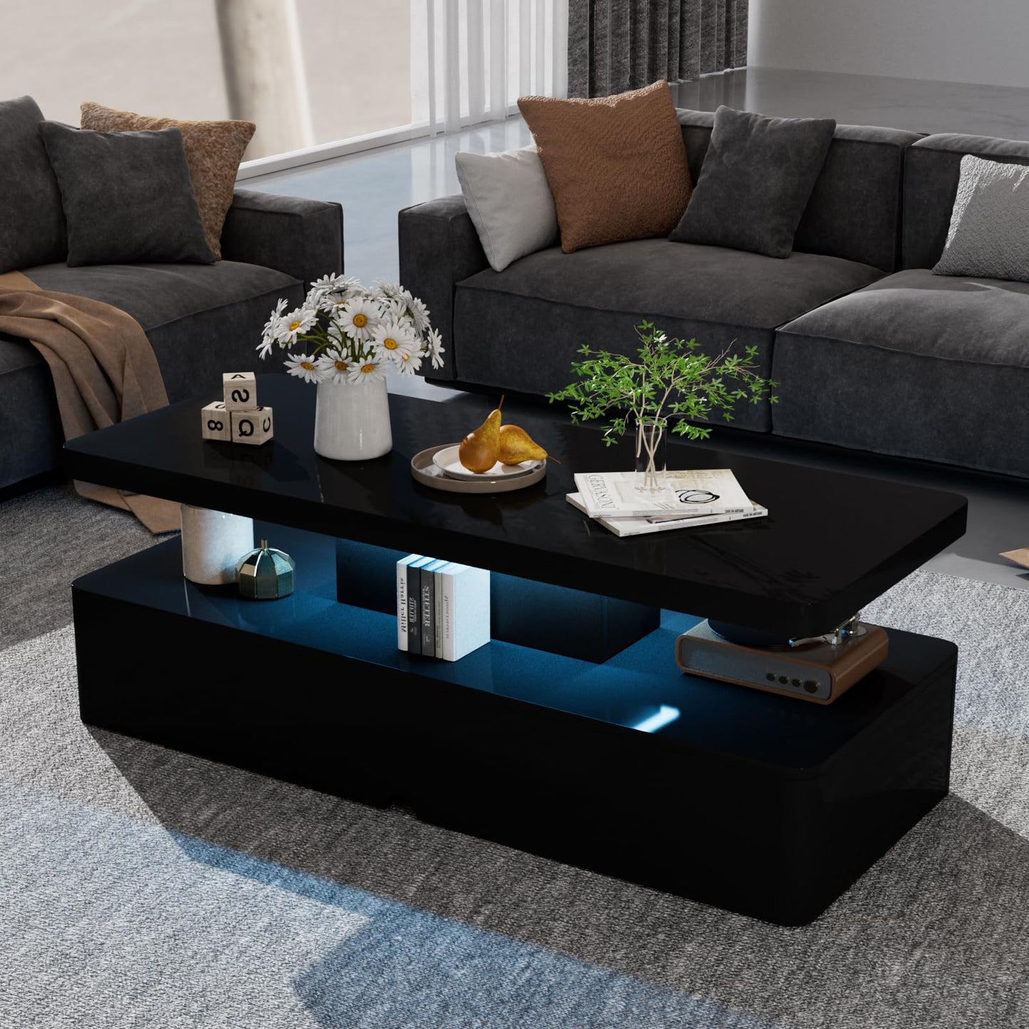 oneinmil Modern LED Coffee Table, 40 Inches Living Room Tables with 16 Colors LED Lights, Double-Layer Design, Stylish Coffee Tables for Living Room, Home, Office, Black