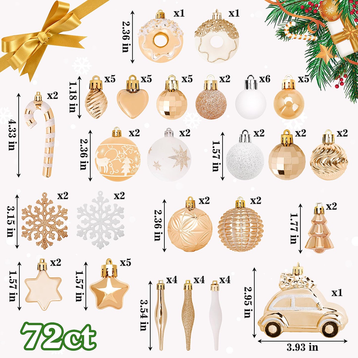DeckTheHalls Christmas Ornaments 72 Count, Christmas Balls, Shatterproof Christmas Decorations for Tree, Gold Plastic Ornaments (Champagne)