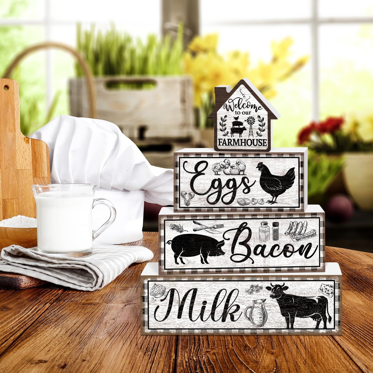 TOMPOP 4 Pcs Farmhouse Decor Wooden Tiered Tray Signs, Rustic Rooster Pig Cow Decorative Faux Book Stack Block Farm Animal Distressed Tabletop Centerpieces for Home Kitchen Shelf Table Decorations