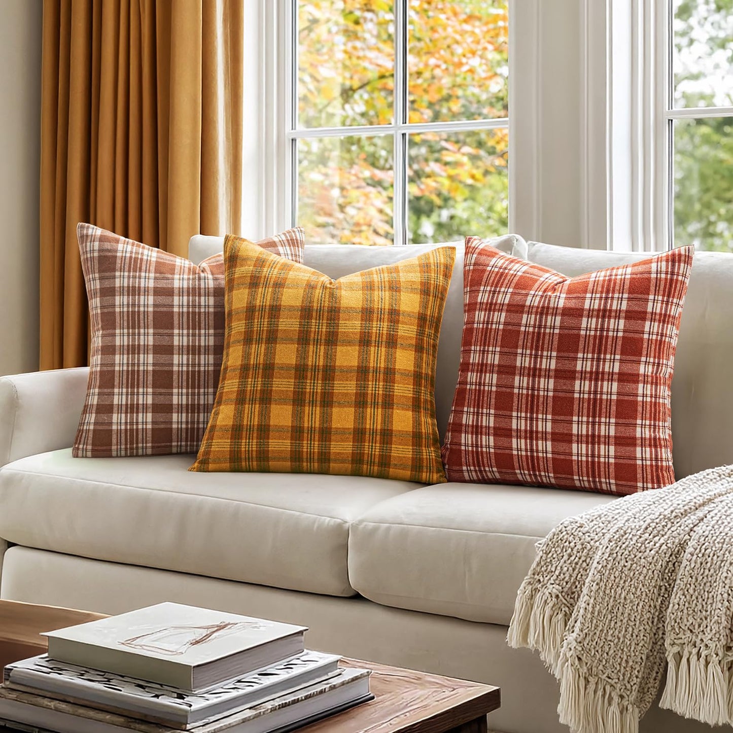 Woaboy Set of 2 Scottish Tartan Plaid Throw Pillow Covers Farmhouse Classic Plaid Decorative Square Cushion Cases Fall Autumn Christmas Home Decor for Sofa Couch Livingroom Bed 18x18 Inch,Orange