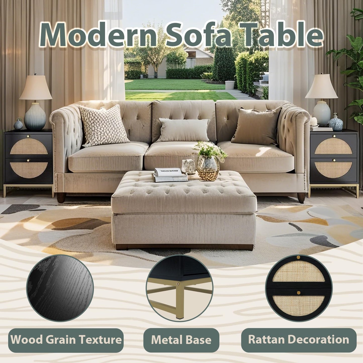 vistavie Rattan Nightstand with 2 Drawers, Wooden End Table Rattan Weaving Bedside Table Accent,Rustic Side Table Night Stand with Storage,for Living Room Bedroom (Black, Set of 1)