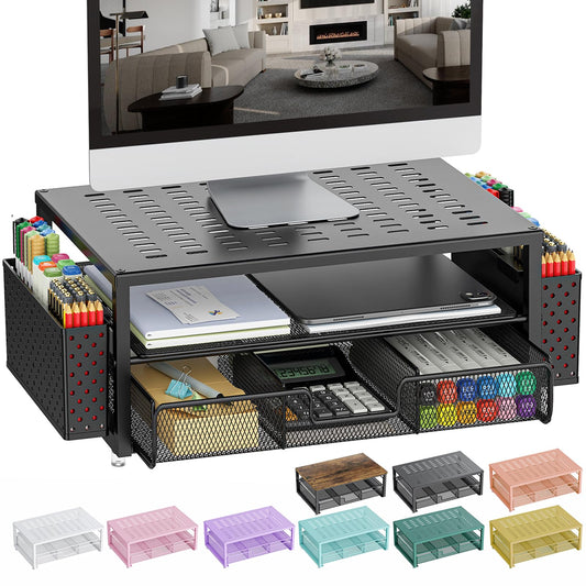 gianotter Desk Organizers and Accessories, Monitor Stand with Drawer and 2 Pen Holder, Desktop Organizer Suitable for Offices and Dormitories (Black)