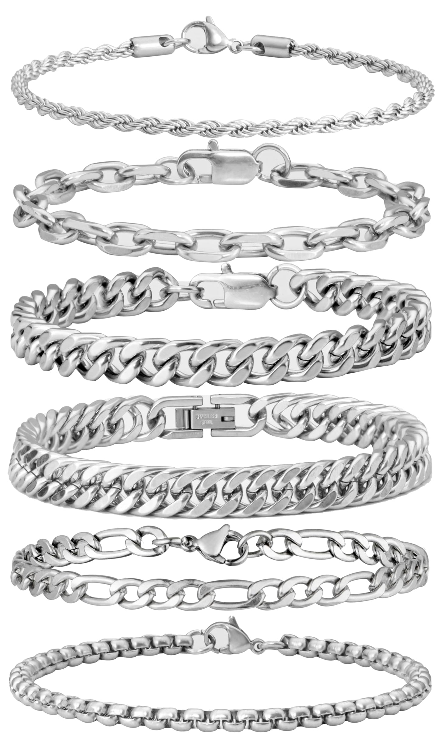XIANNVXI 6 Pcs Silver Bracelets for Men Women Stainless Steel Bracelet Cuban Chain Metal Link Rope Bracelet Set 7.5 Inches