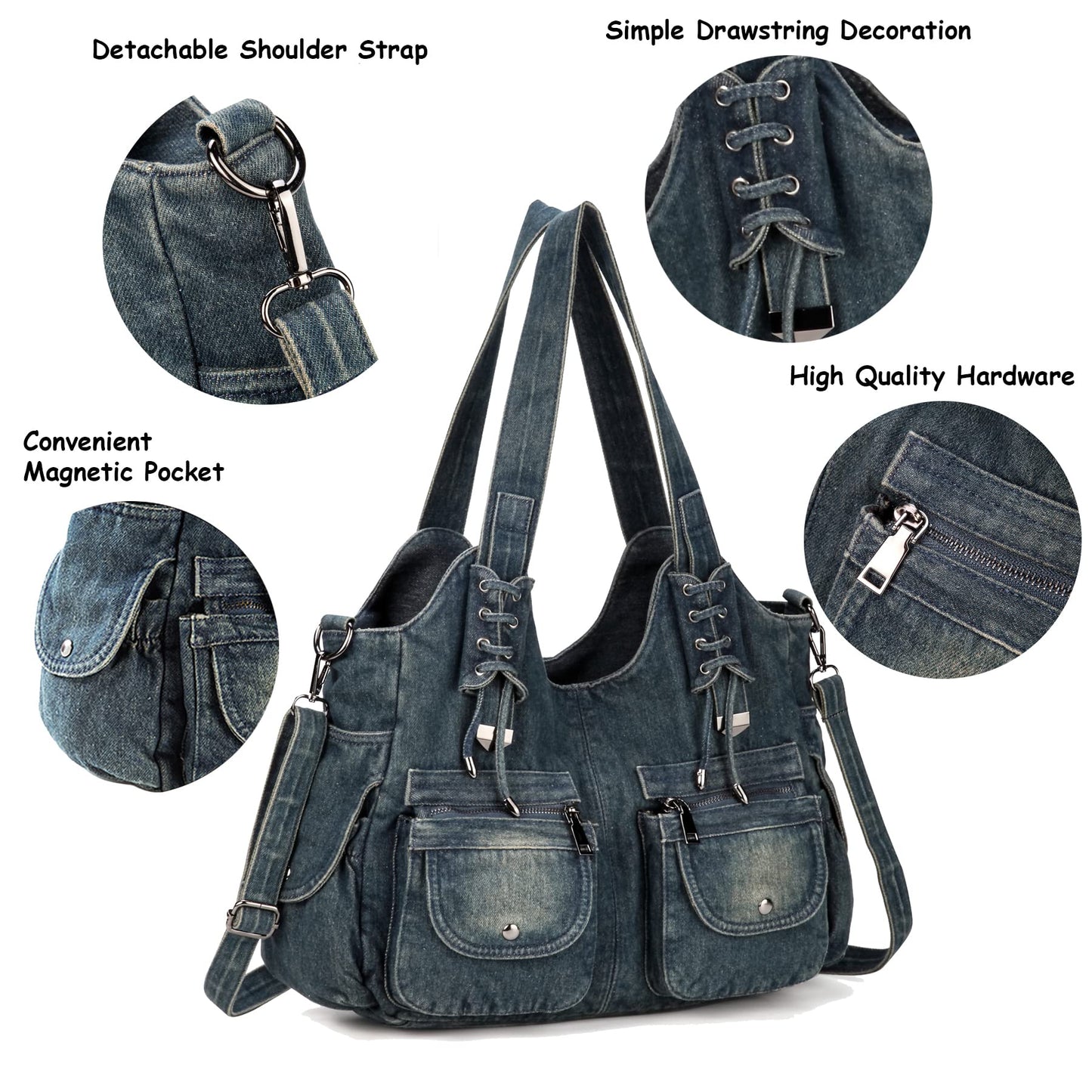 YeFine Casual Washed Denim Shoulder Bags Top Handle Lady's Hobo Bags Women Purses And Handbags (Deep Blue)