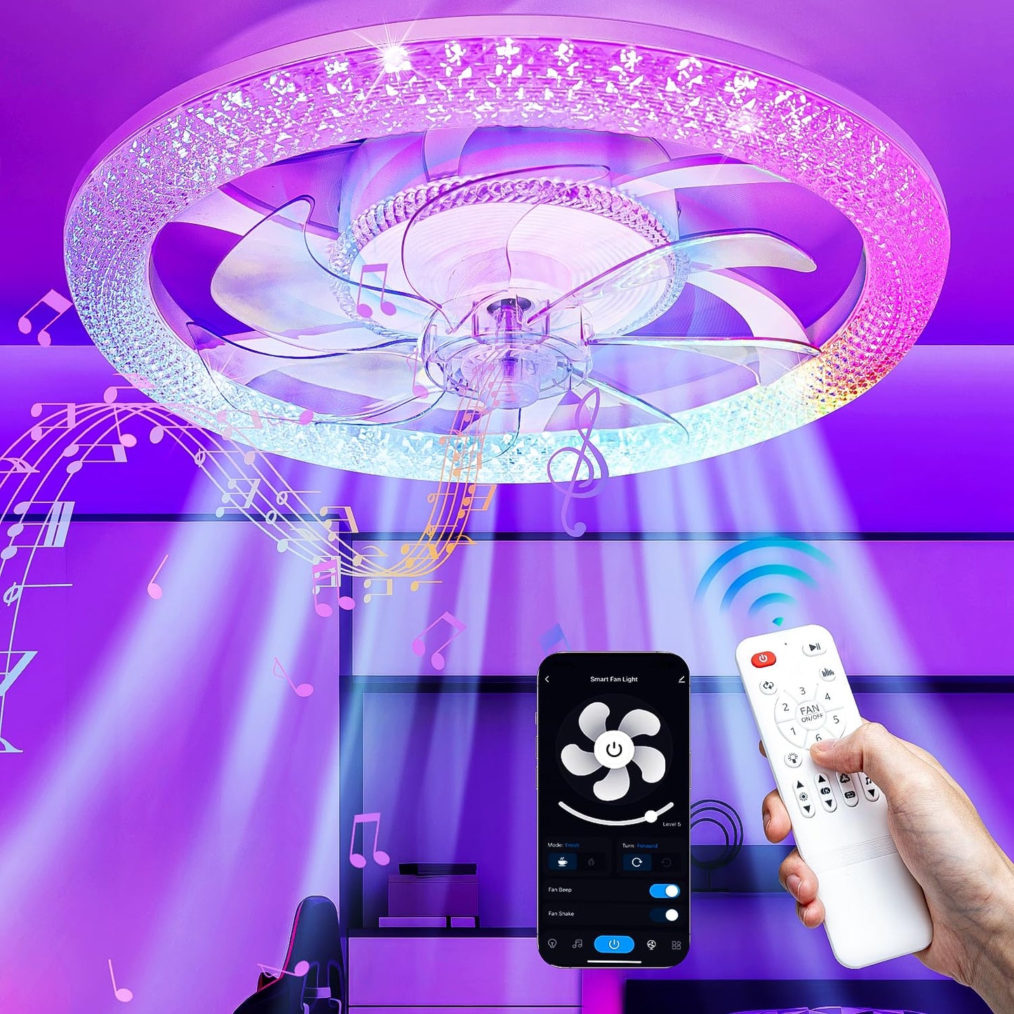 vookea 2 in 1 WiFi RGB-LED 20” Ceiling Fans with Lights and Remote, 3000-6500K Dimmable Flush Mount Smart Low Profile Ceiling Fan with Lights, Bluetooth 6 Speeds Bladeless Fans with APP, for Bedroom