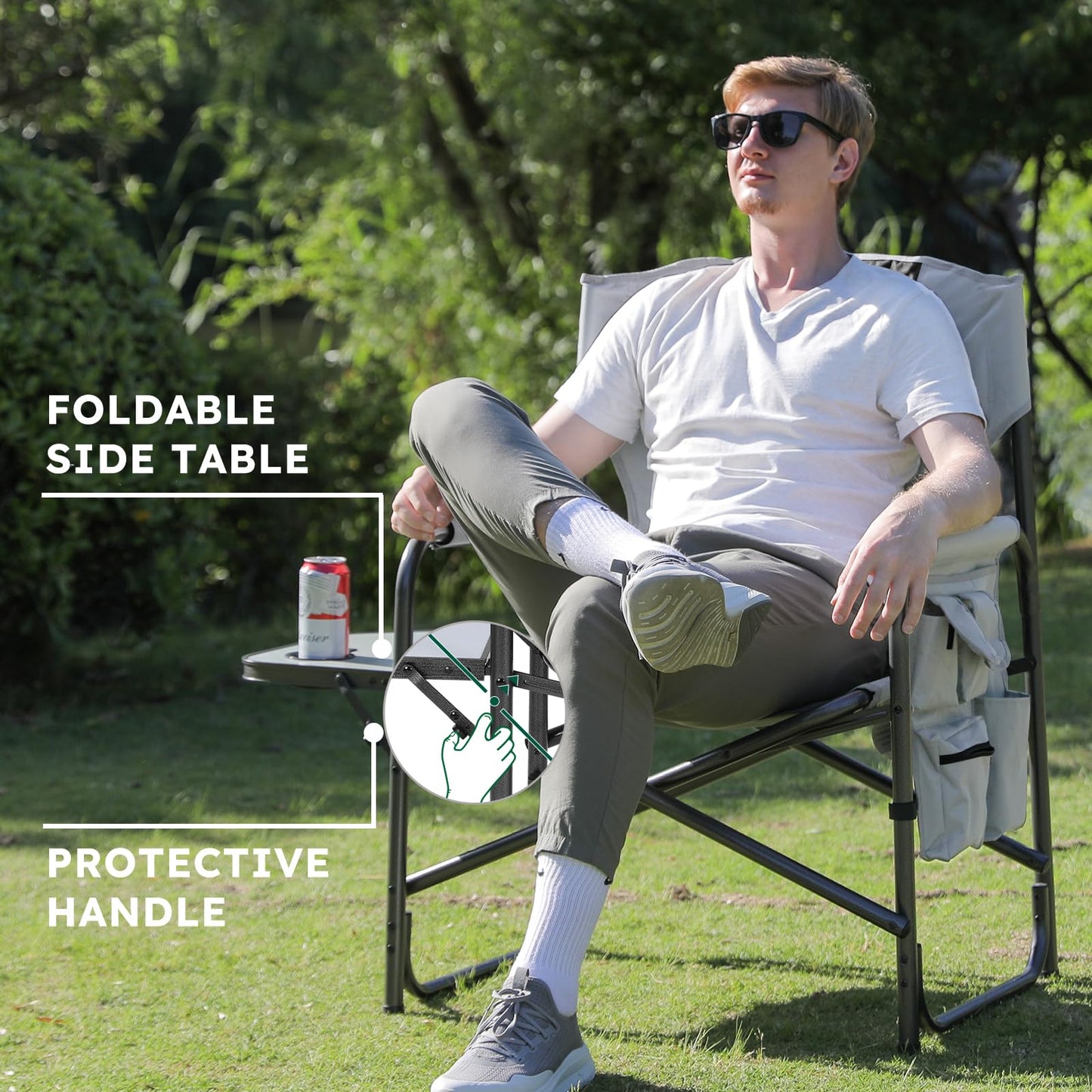 Colegence Oversized Directors Camping Chair Set of 2 Support 600 LBS, Heavy Duty Folding Outdoor Chairs with Detachable Side Pocket and Adjustable Side Table for Outside Beach,Lawn,Fishing (Black)