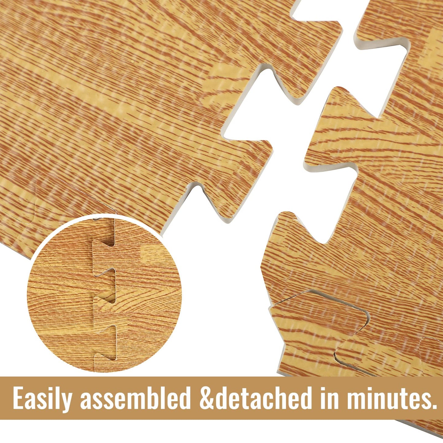 Wood Grain Floor Foam Mats with Border, Wood Printed Interlocking Foam Tiles Anti Fatigue Flooring Mat (Light Brown,12 x 12 Inch)