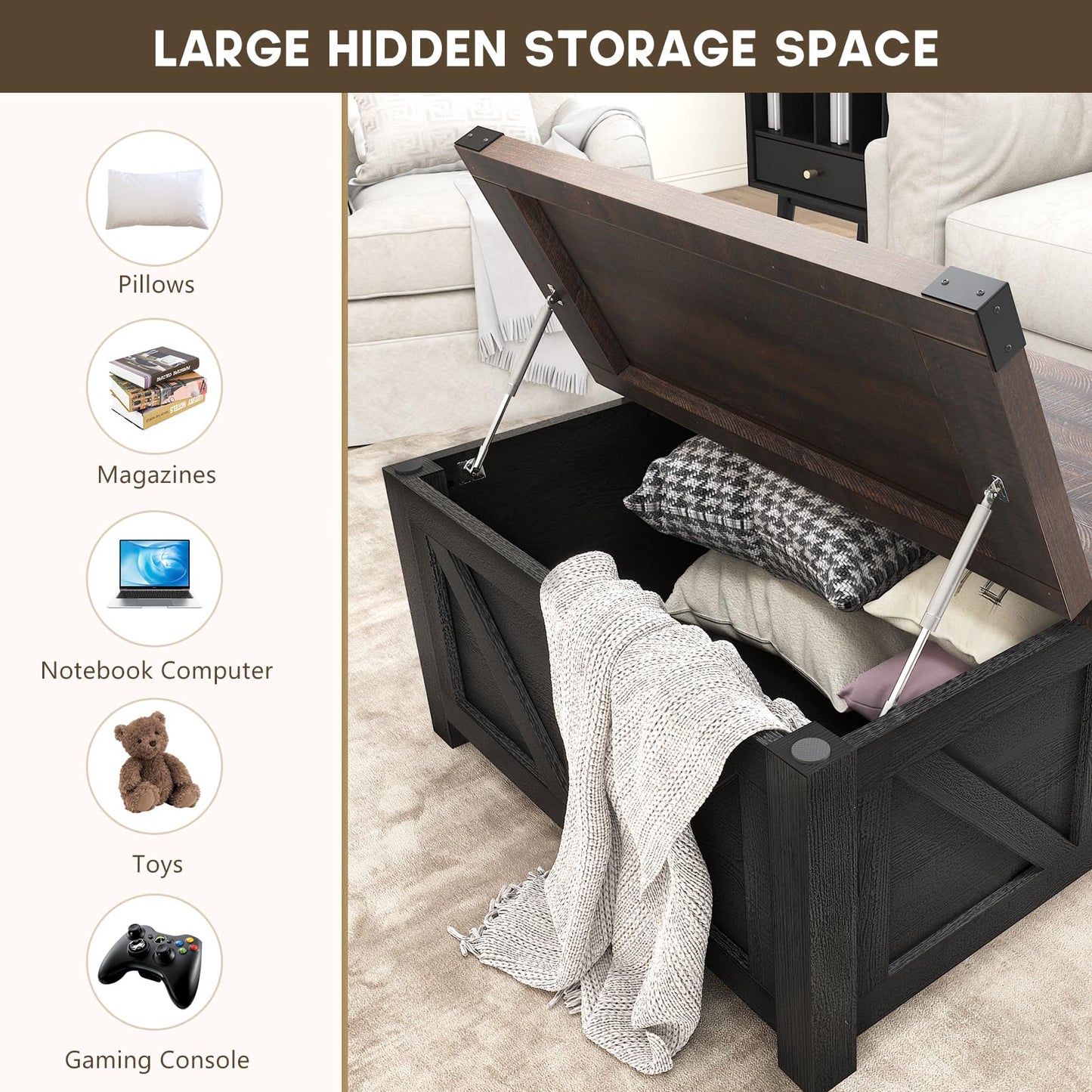 jimeimen Farmhouse Lift Top Coffee Table with Storage, Wood Square Center Table with Charging Station&USB Port, Living Room Table w/Large Hidden Space, for Living Room, Bedroom, Home Office, Black