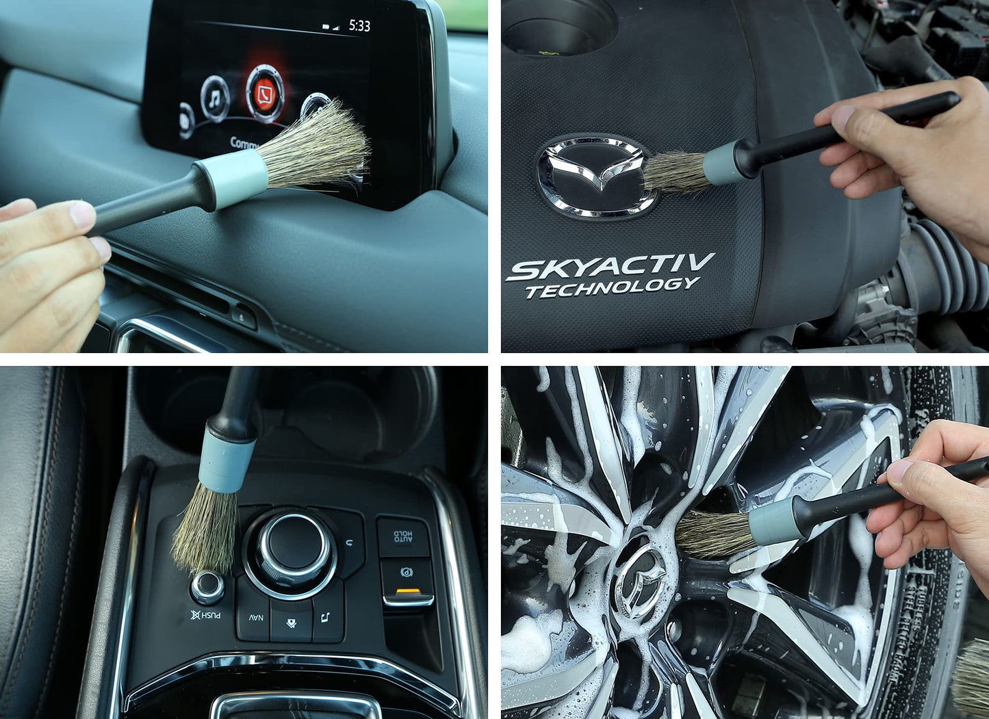 TAKAVU Complete Car Detailing Brush Kit (10 Piece) - Boar Hair Detail, Wire & Vent Brushes with Microfiber Towel for Wheels, Interior, Engine Bay Cleaning