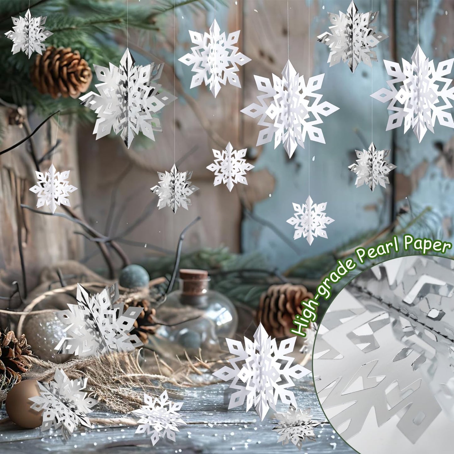 OuMuaMua Winter Christmas Snowflake Decorations Indoor, 24PCS 3D Large White and Silver Snowflakes Hanging Ornaments for Home Xmas Christmas Holiday Winter Wonderland New Year Party Decorations
