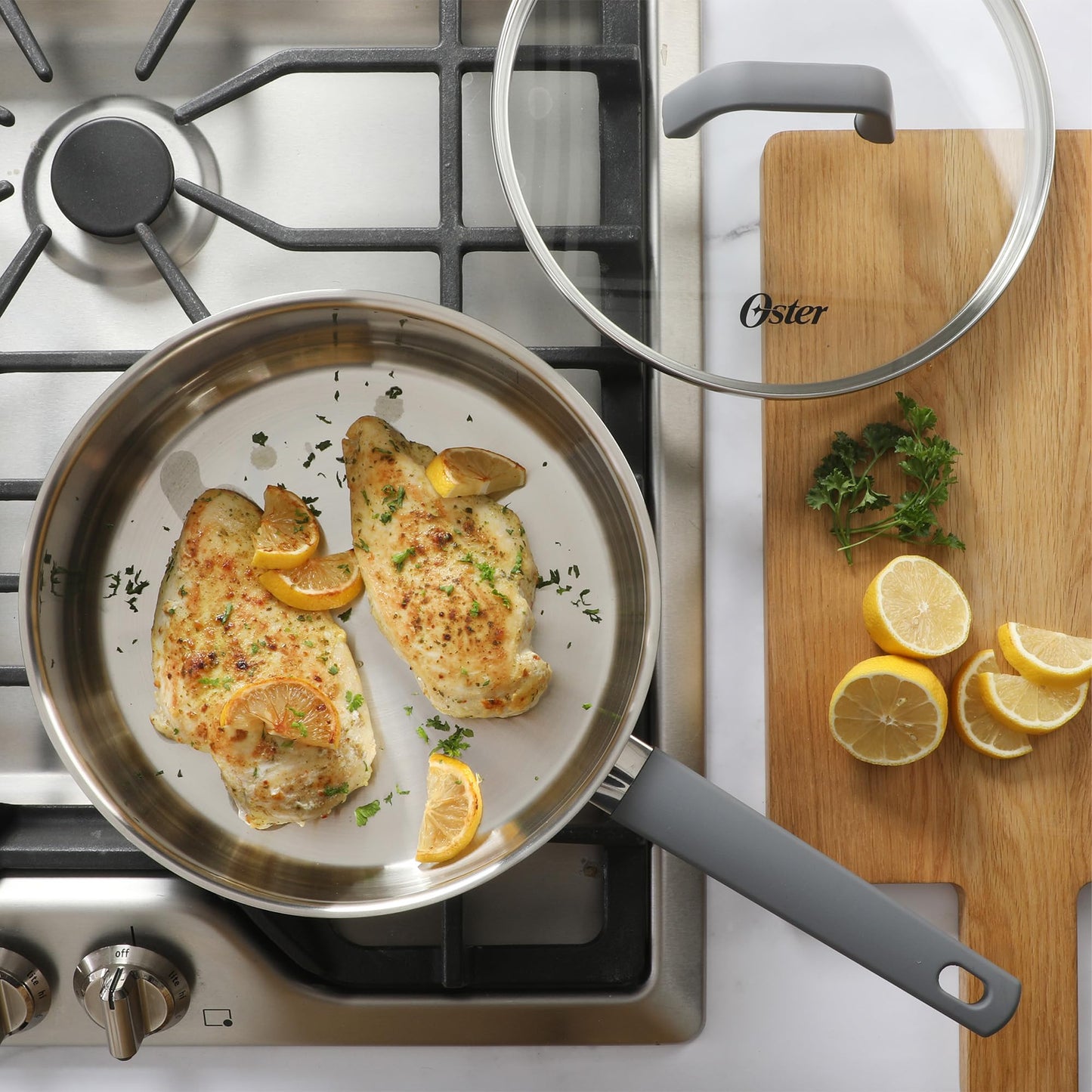 Oster Beauford 9 Piece Stainless Steel Non-Toxic Pots and Pans Cookware Set W/Tri-Ply Encapsulated Bottom & Soft Touch Handles