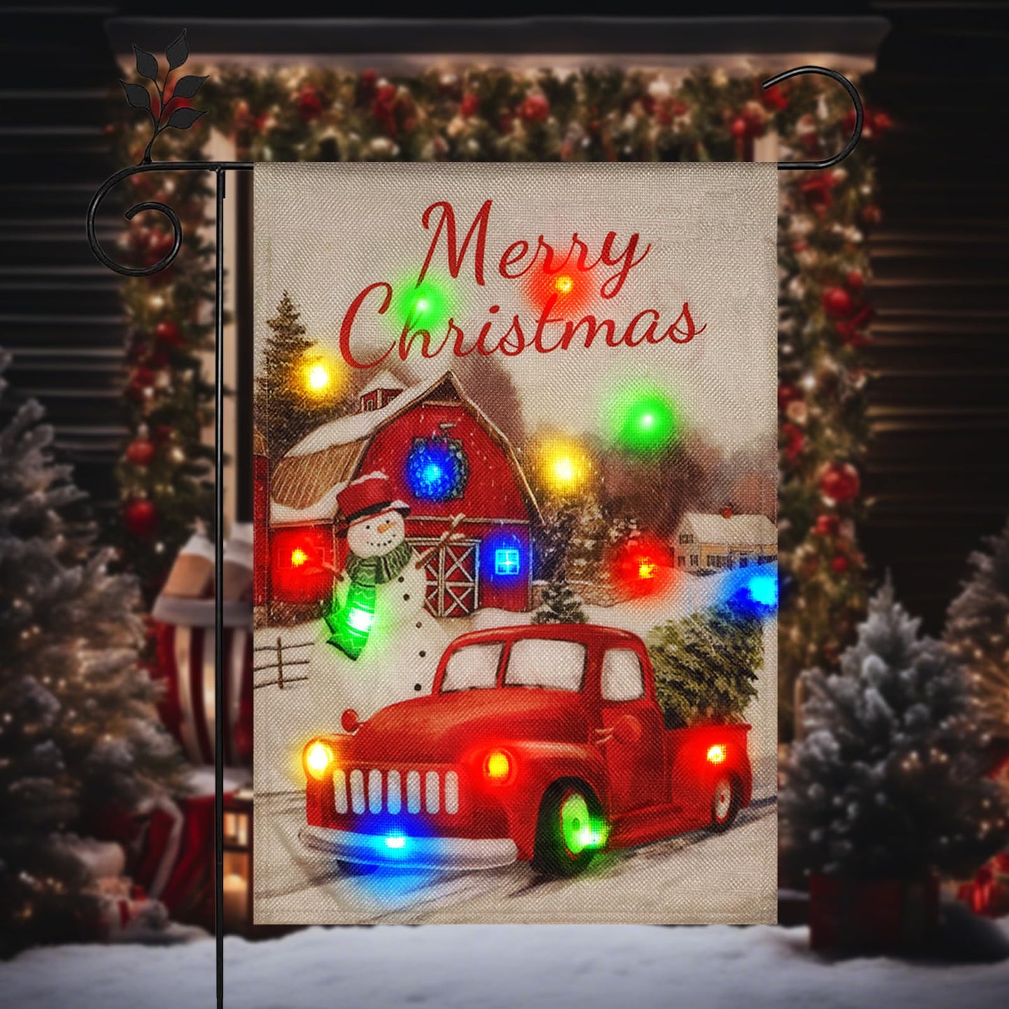 Christmas Lights Garden Flag,Double Sided Christmas LED Outdoor Christmas Yard Flag for Winter Christmas Outdoor Decoration (Multi_car, 12 * 18)