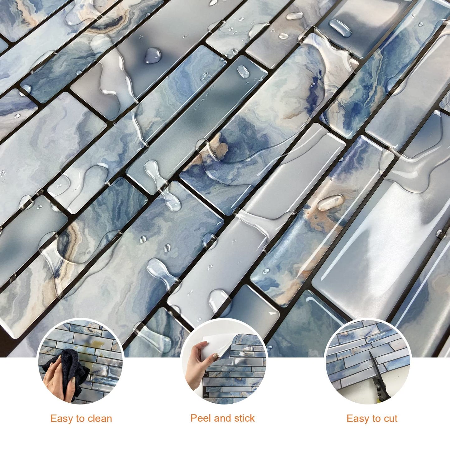 Miscasa 10-Sheet Peel and Stick Backsplash Tile, Blue Marble Stone Self Adhesive Removable Tiles for Kitchen Bathroom, 12"x12"