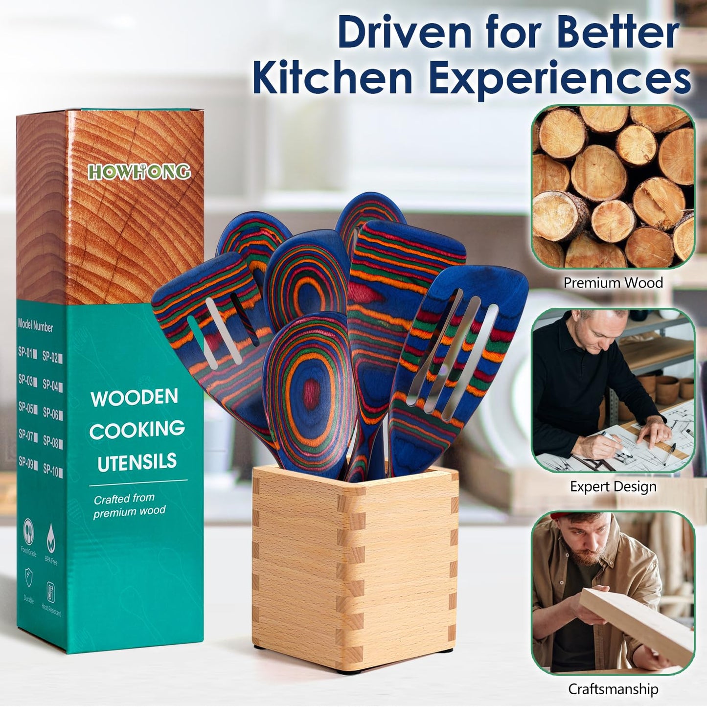 Wooden Spoons for Cooking, 7 Pcs Pakkawood Wooden Kitchen Cooking Spoon Utensil Tools Set Includes Spatula Corner Spoon Rice Paddle Friendly to Non-Stick Cookware by HOWHONG (Spectrum)