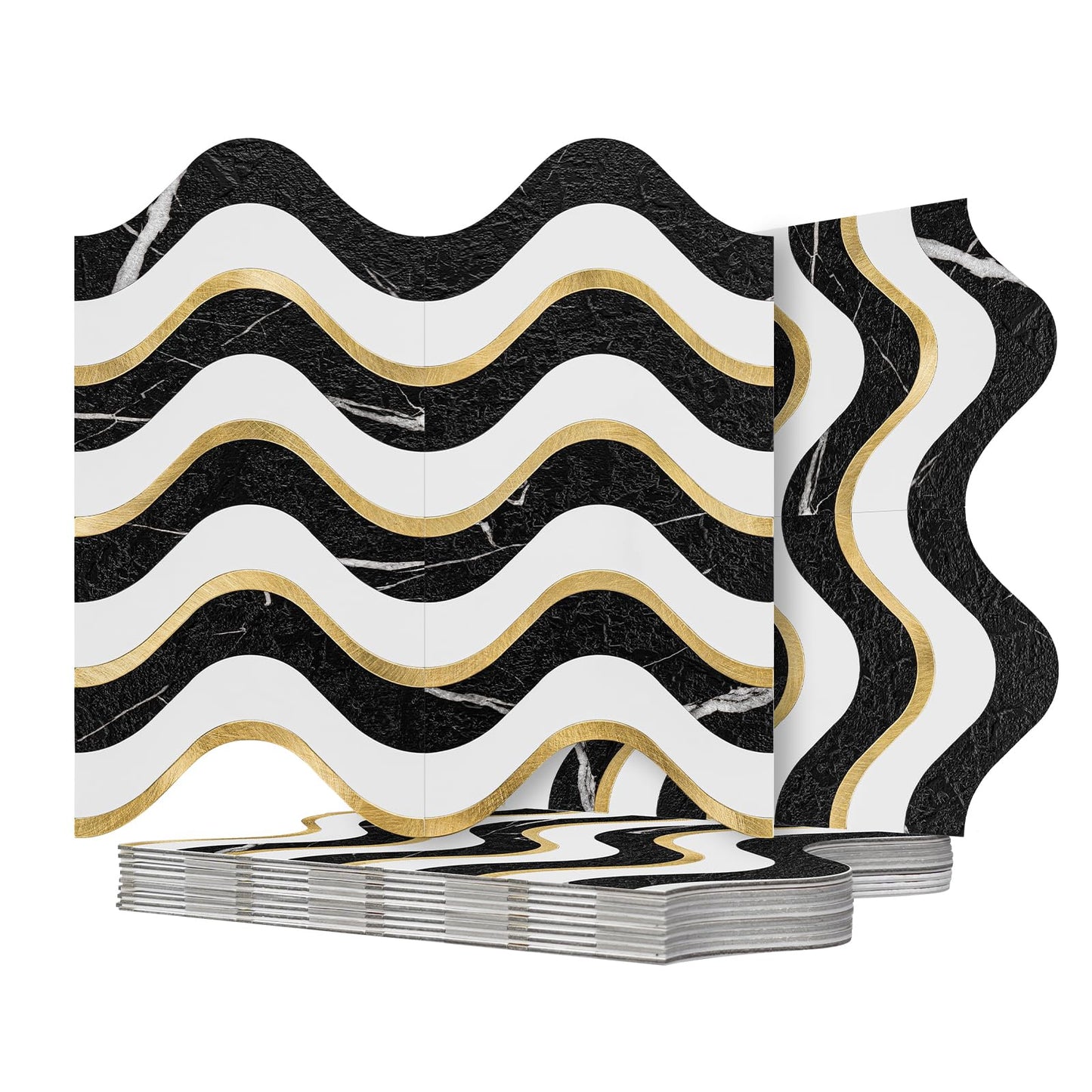 Vamos Tile 10-Sheet Peel and Stick Backsplash Seamless Tile,Stick on Backsplash for Kitchen and Bathroom, Black Marble Look+ Pure White PVC Mixed Metal Gold Self Adhesive Wall Tiles