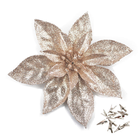 GL-Turelfies 12 Pcs Glitter Christmas Flowers(16cm/6.3’’) with 12 Pcs Clips Artificial Poinsettia Flower Christmas Tree Flower Decorations Xmas Tree Ornaments (Champagne)