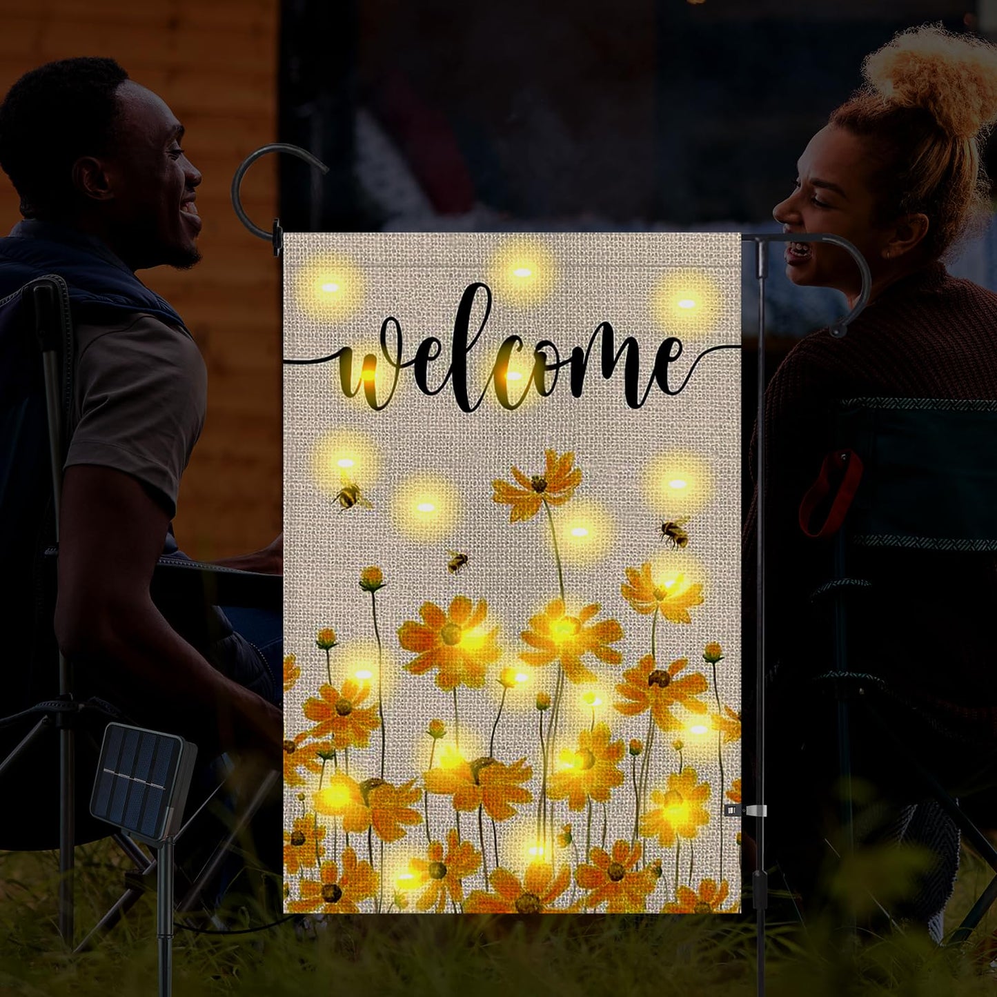 Lighted Spring Summer Floral Welcome Garden Flag, 12 x 18 Inch Double Sided Vertical Burlap Sunflower Bee Led Garden Flag for Seasonal Holiday Outdoor Yard Decoration