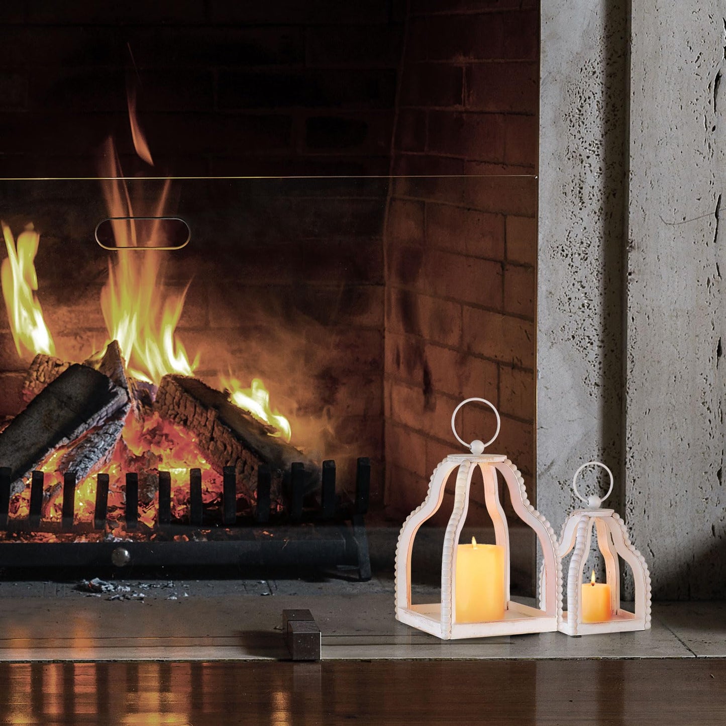 Staymoment Wood Lanterns Decorative Indoor: Farmhouse Hanging Candle Holder Set of 2 Brown Table Centerpiece Fireplace Mantle Shelf Rustic Home Decor Fall Decoration