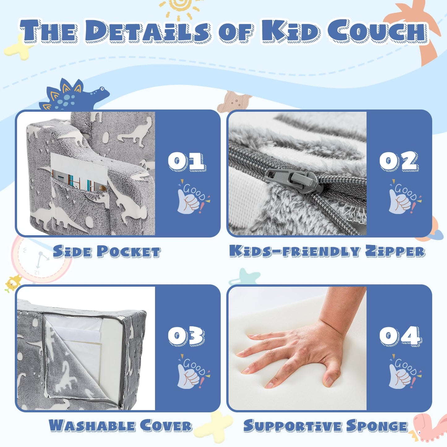 BUPPLEE Kids Sofa, 2-in-1 Soft Toddler Couch Fold Out, Toddler Chair Comfy with Cute Designs, Convertible Sofa to Lounger for Girls and Boys, Gray