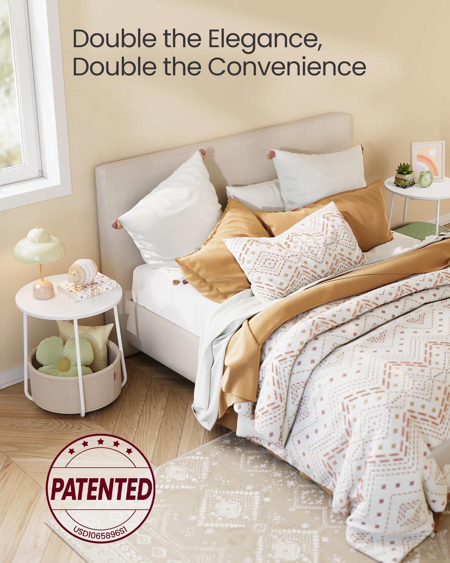 VASAGLE Nightstands, Set of 2 Small Round Side Tables with Fabric Basket, Bedside End Tables, for Bedroom, Matte White and Camel Brown ULCT665W01