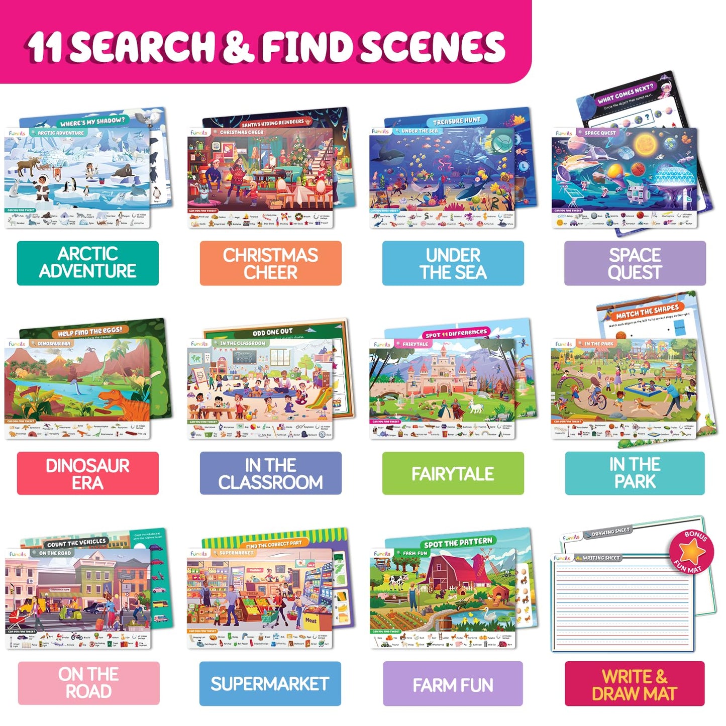 Funcils Search and Find for Kids & Toddlers - Preschool Learning Activity Book, Art and Craft Supplies, Seek Find Games, Birthday Gifts for Girls & Boys, Educational Toys for Ages 3, 4, 5, 6 Year Old