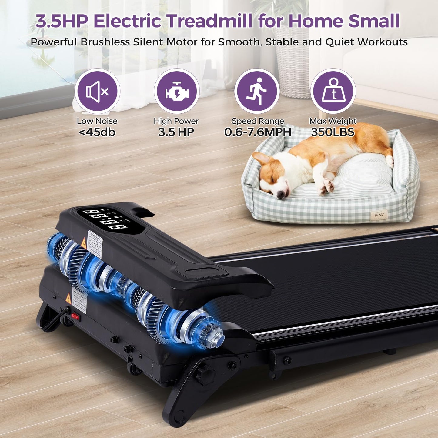 Portable Foldable Walking Pad with Handle Bar and Adjustable Incline, Under Desk Walking Pads Treadmill with Incline and Handles, 3.5HP Folding Electric Treadmills for Home Small, 0.6-7.6MPH, 350LBS