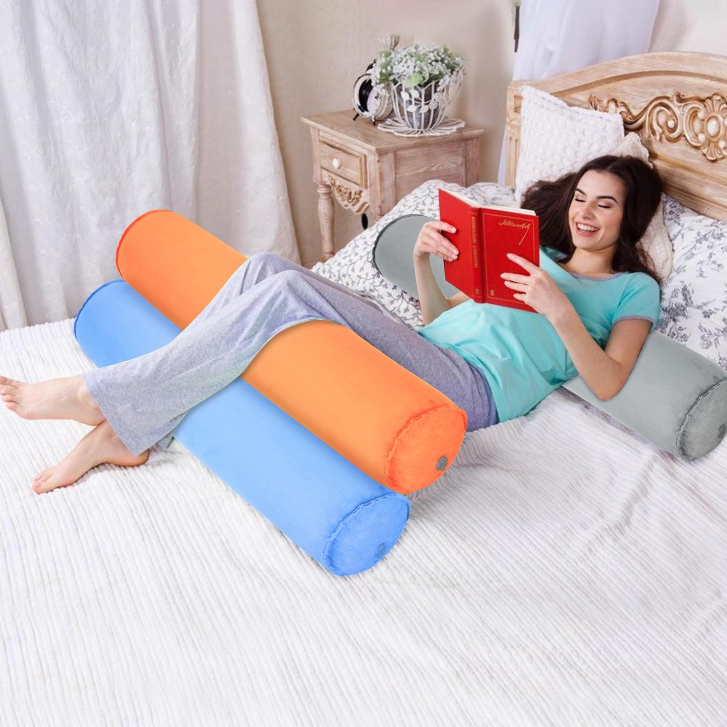 YEEKORO Long Body Pillow for Adults Teenager, Inflatable Full Body Pillow, Multifunctional Side Sleeper Pillows, Round Bolster Pillow for Bed (Grey, 90cm/35.43inch)