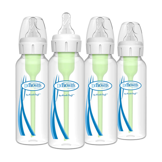 Dr. Brown's Natural Flow Anti-Colic Options+ Narrow Baby Bottle, 4 oz/120 mL, with Level 1 Slow Flow Nipple, 0m+, 4 Bottles
