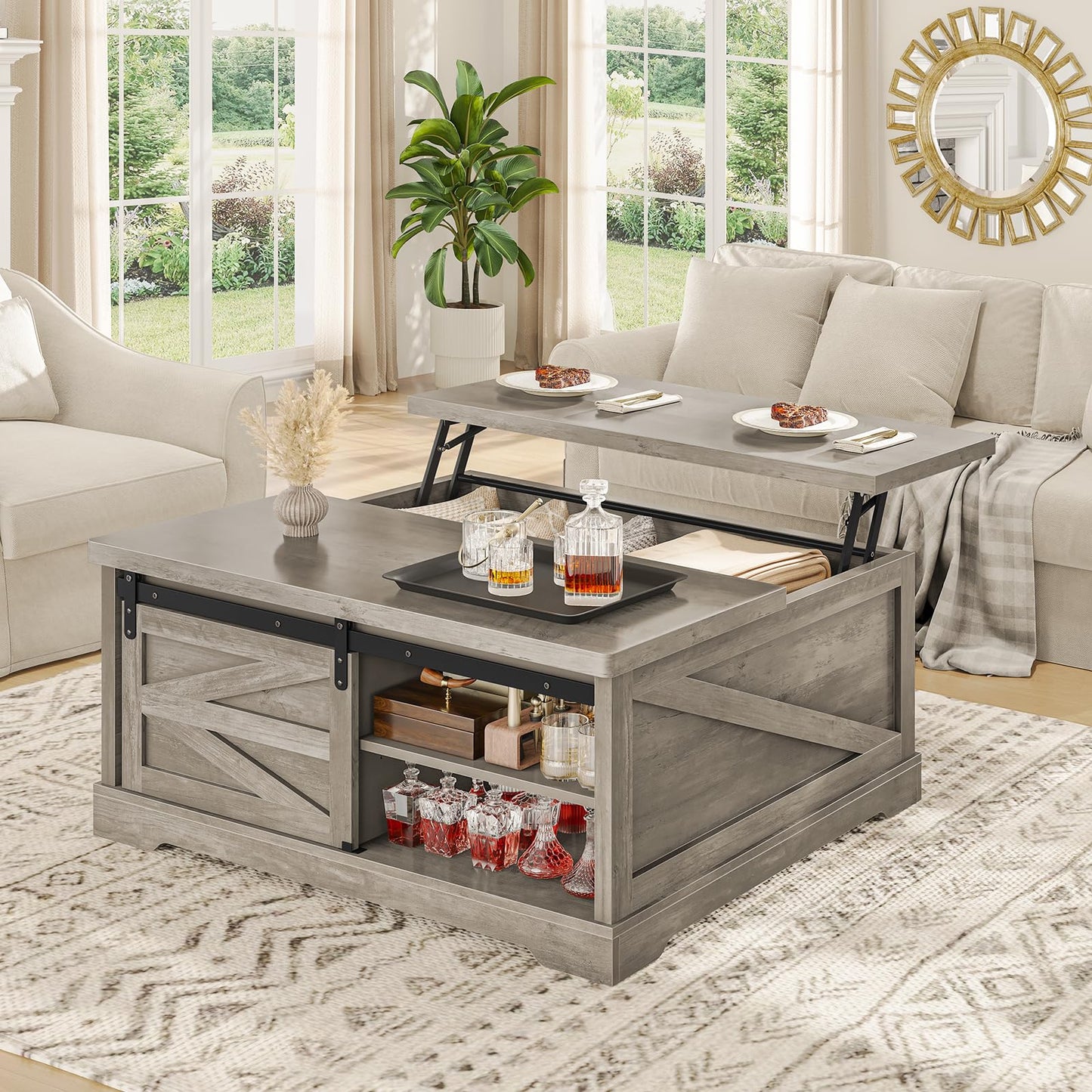 Itaar 39.4'' Lift Top Coffee Table with Storage, Farmhouse Coffee Tables for Living Room, Square Coffee Table with Large Hodden Compartment & 2 Drawrs & Adjustables Shelves (Gray)