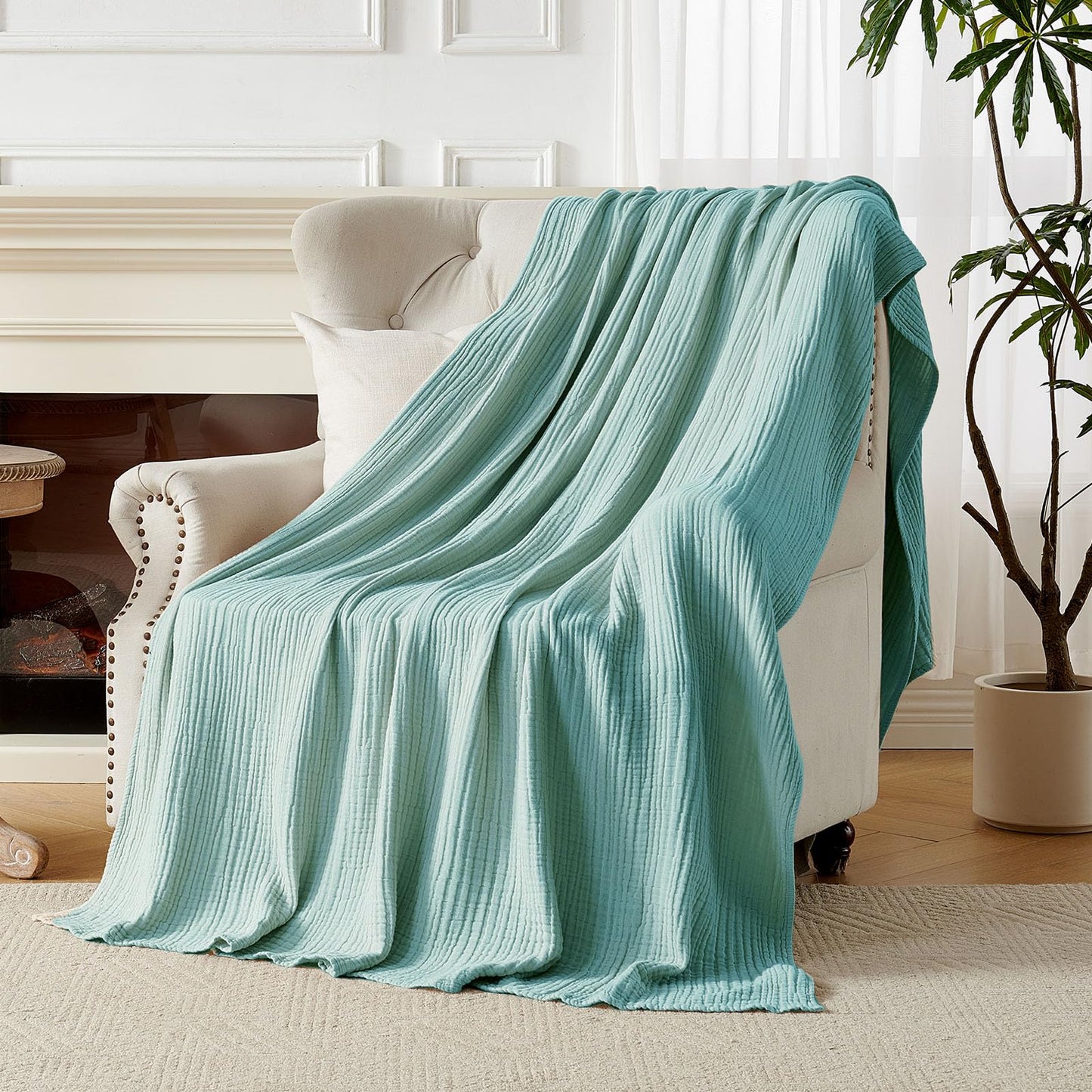 Joydeco 100% Cotton Muslin Throw Blanket for Couch Bed and Sofa, 4-Layer Lightweight and Breathable Soft Gauze Blanket for All Season, Luxury Throws Cotton Blanket Gift(Teal, 55"x75")