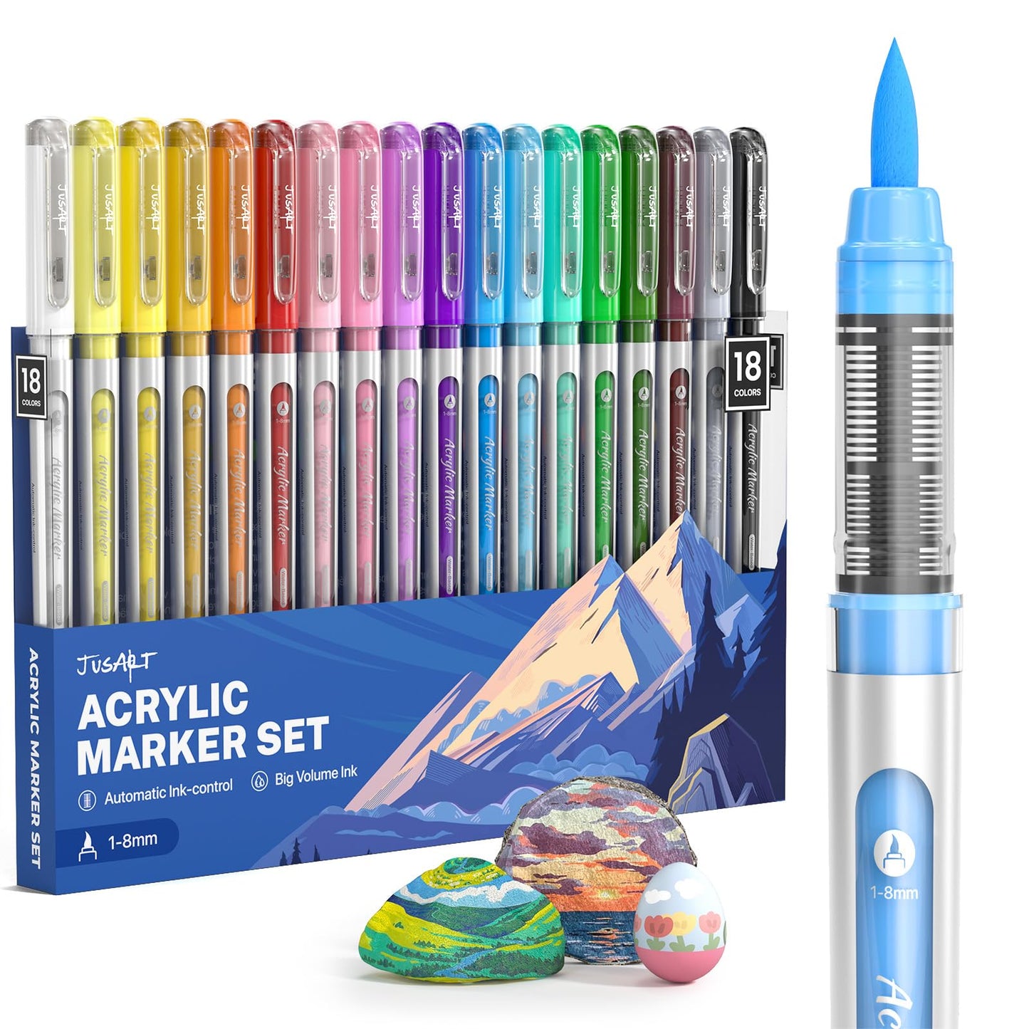 JusArt Acrylic Paint Markers Brush Tip 30 Colors, Water-Based No-Bleed Markers with Automatic Ink Control System, Waterproof Acrylic Paint Pens for Rock, Egg, Wood, Fabric, Glass, DIY Crafts
